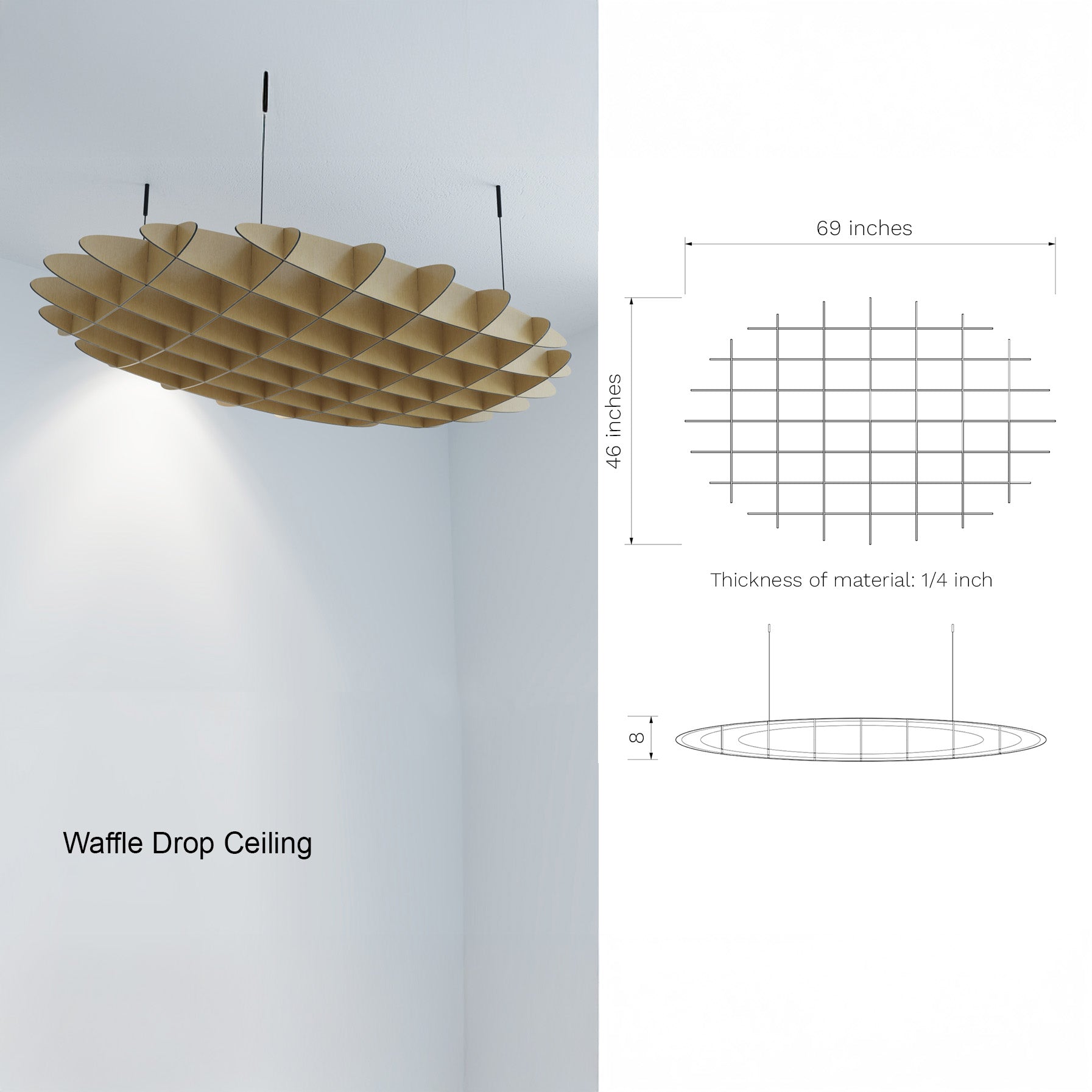 Wooden waffle drop ceiling light fixture with measurements on a white background
