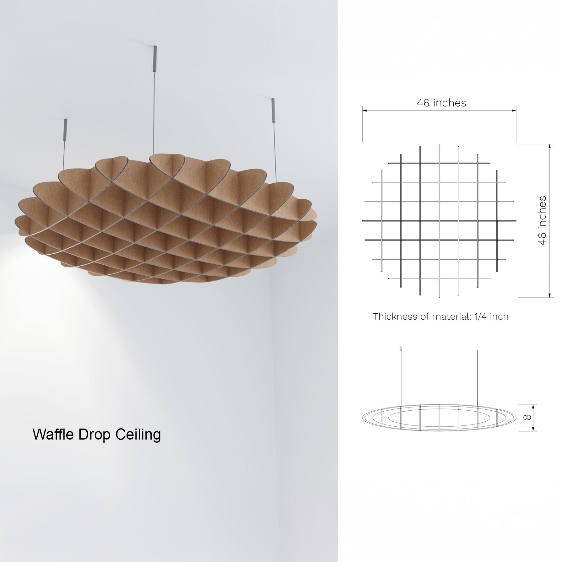 Waffle Drop Ceiling light fixture with dimensions on a white background