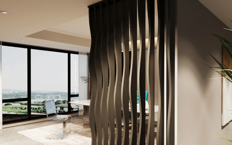 wavy office space divider wood slat