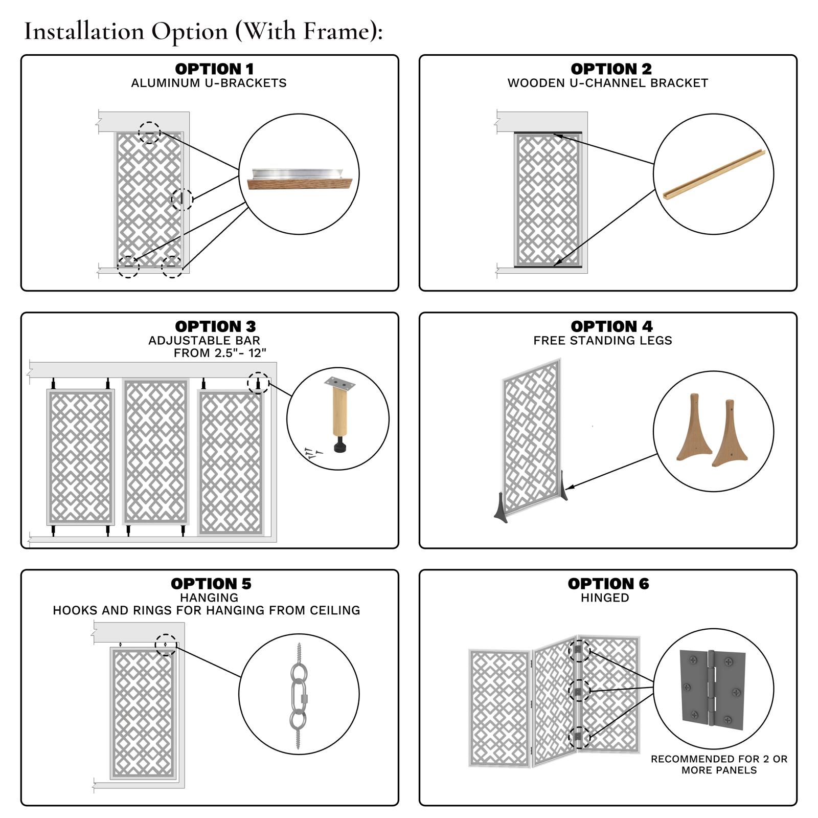 Diagram showing various installation options for a decorative screen with different brackets and stands.