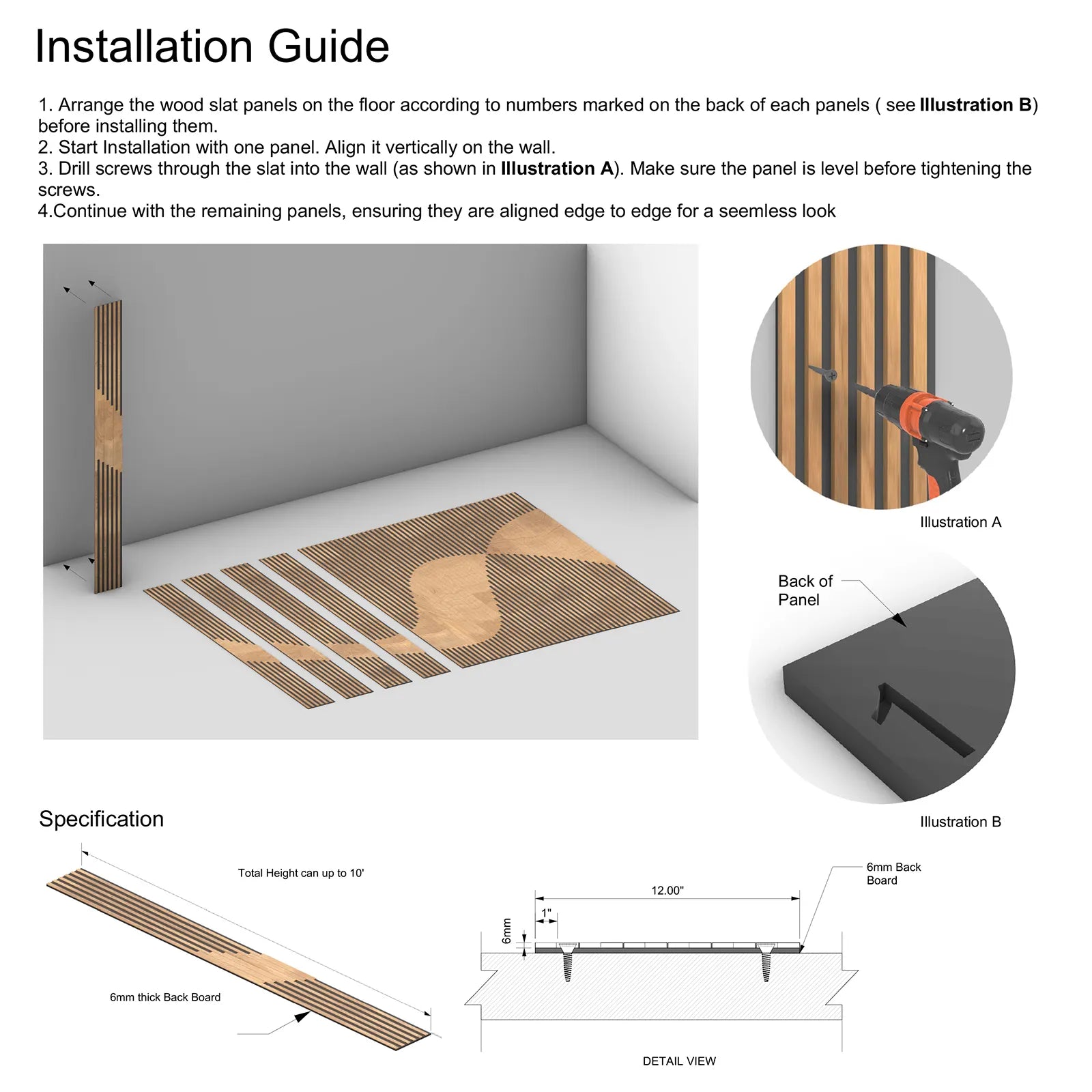 Installation guide for wood slat panels with illustrations and measurements.