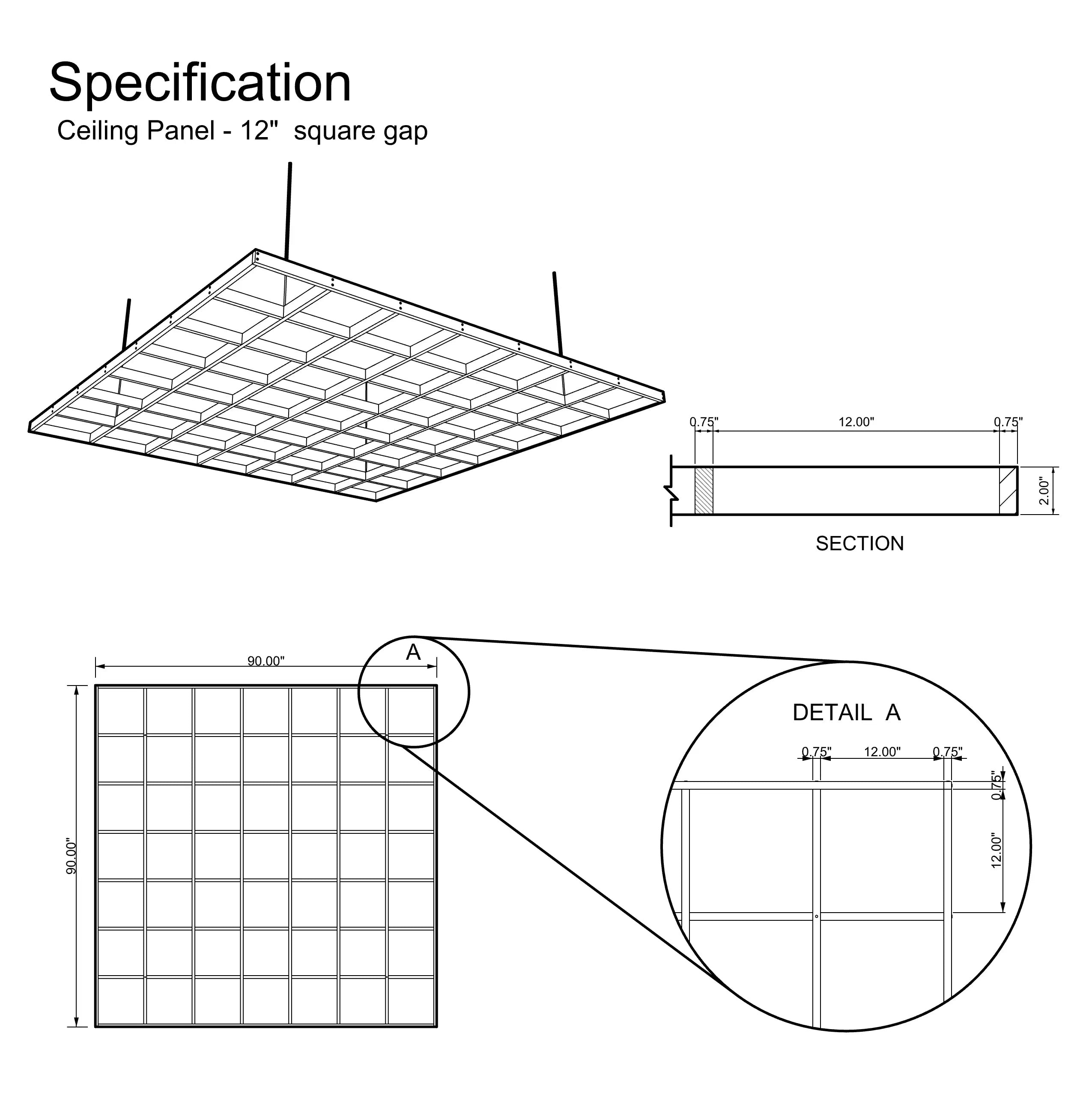 Technical drawing of a ceiling panel with dimensions and specifications.
