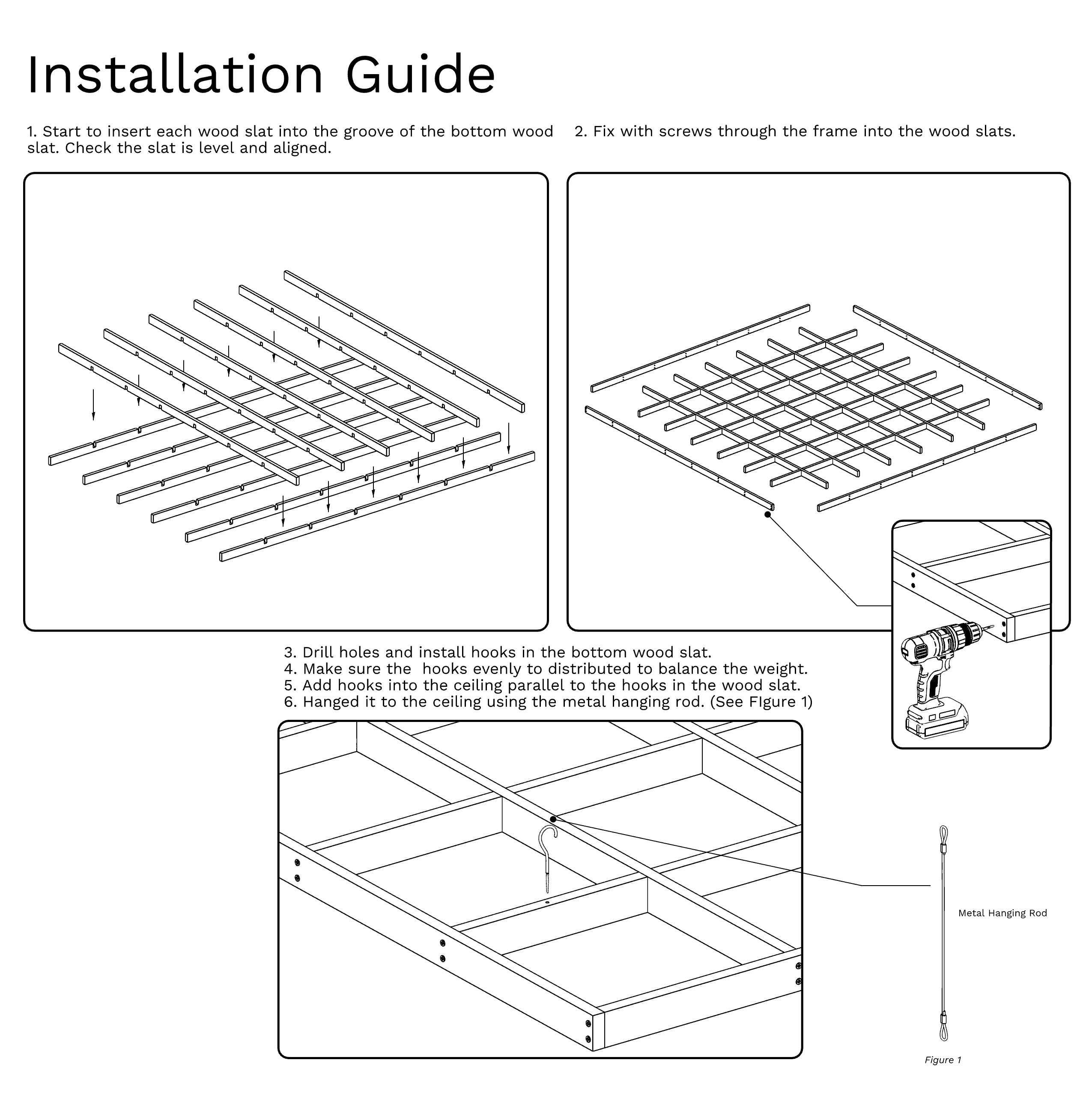 Black and white installation guide for a wooden shelf system with step-by-step instructions.