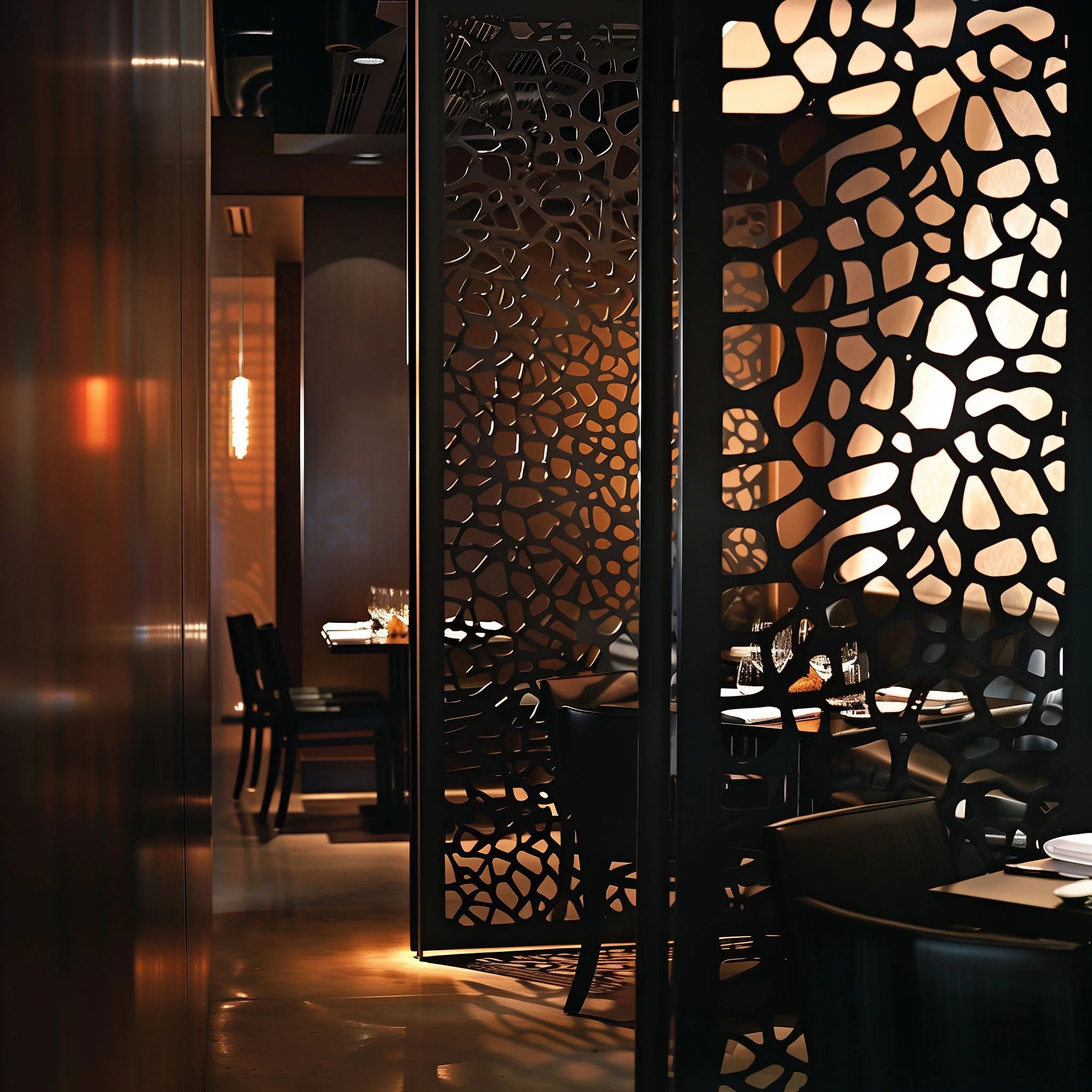Decorative screen in a dimly lit restaurant setting