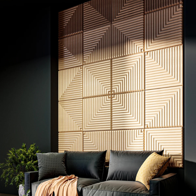 Decorative acoustic wall panels with geometric pattern in a living room setting