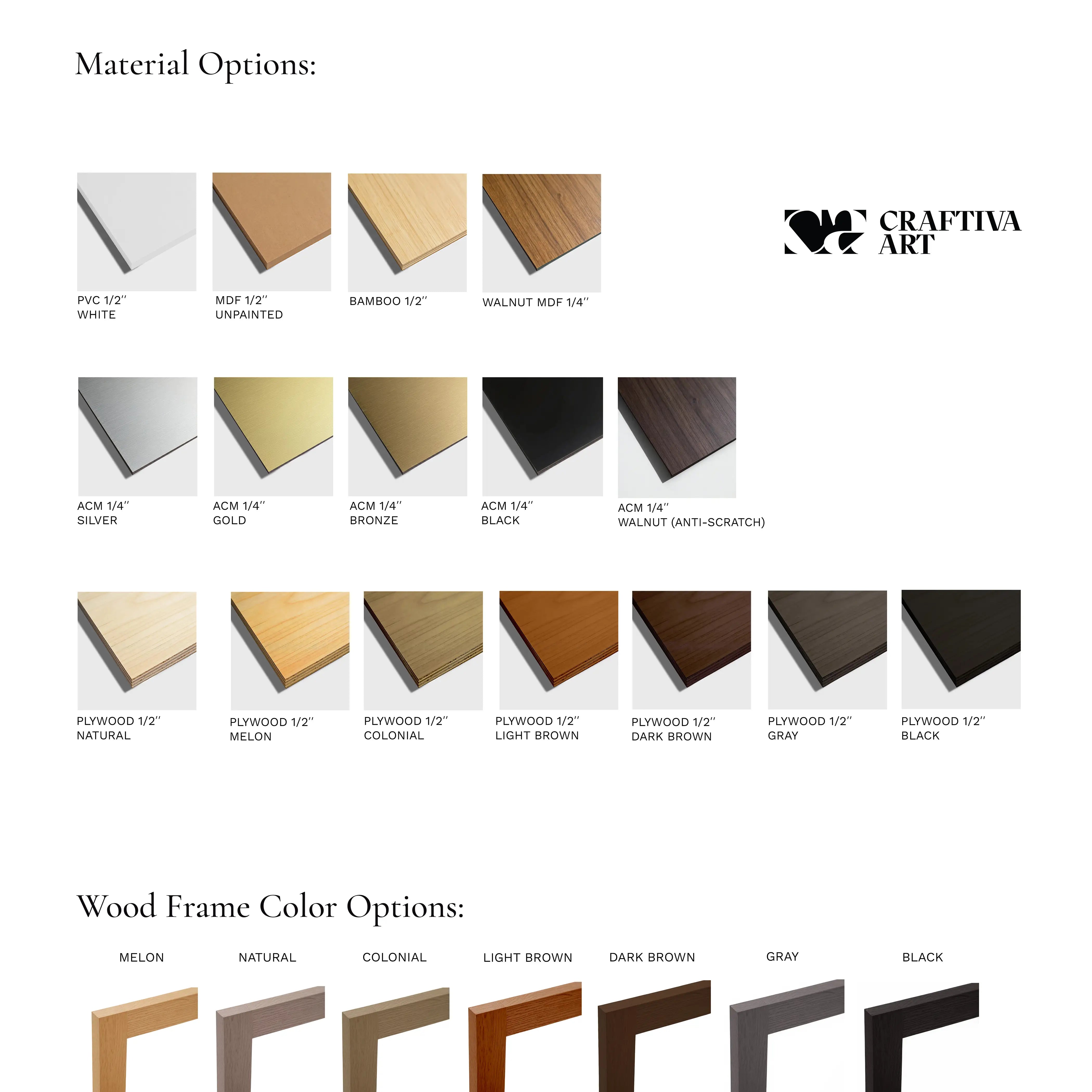 Display of wood frame color options with Craftiva Art branding.