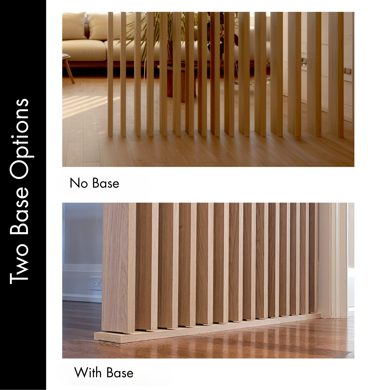 Wooden room divider with 'No Base' and 'With Base' options displayed.