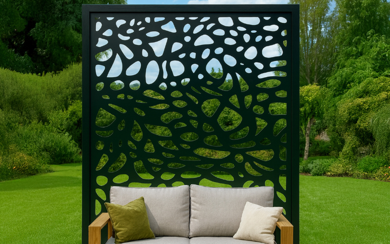 Decorative screen with cut-out patterns in a garden setting