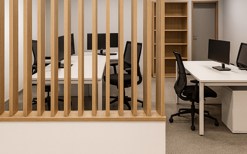 Modern office setup with desks, chairs, and bookshelves.