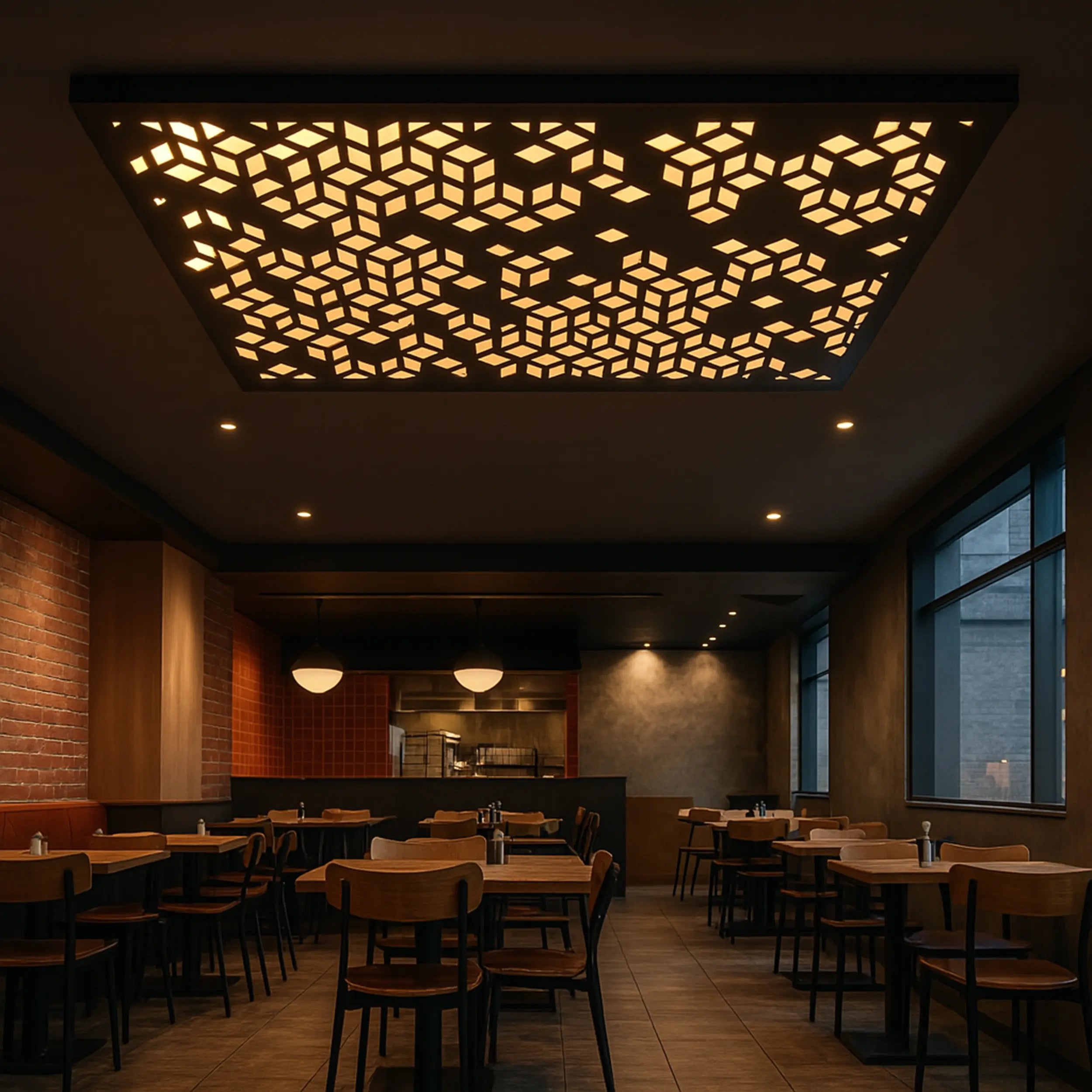 Dark restaurant interior with patterned ceiling light fixture