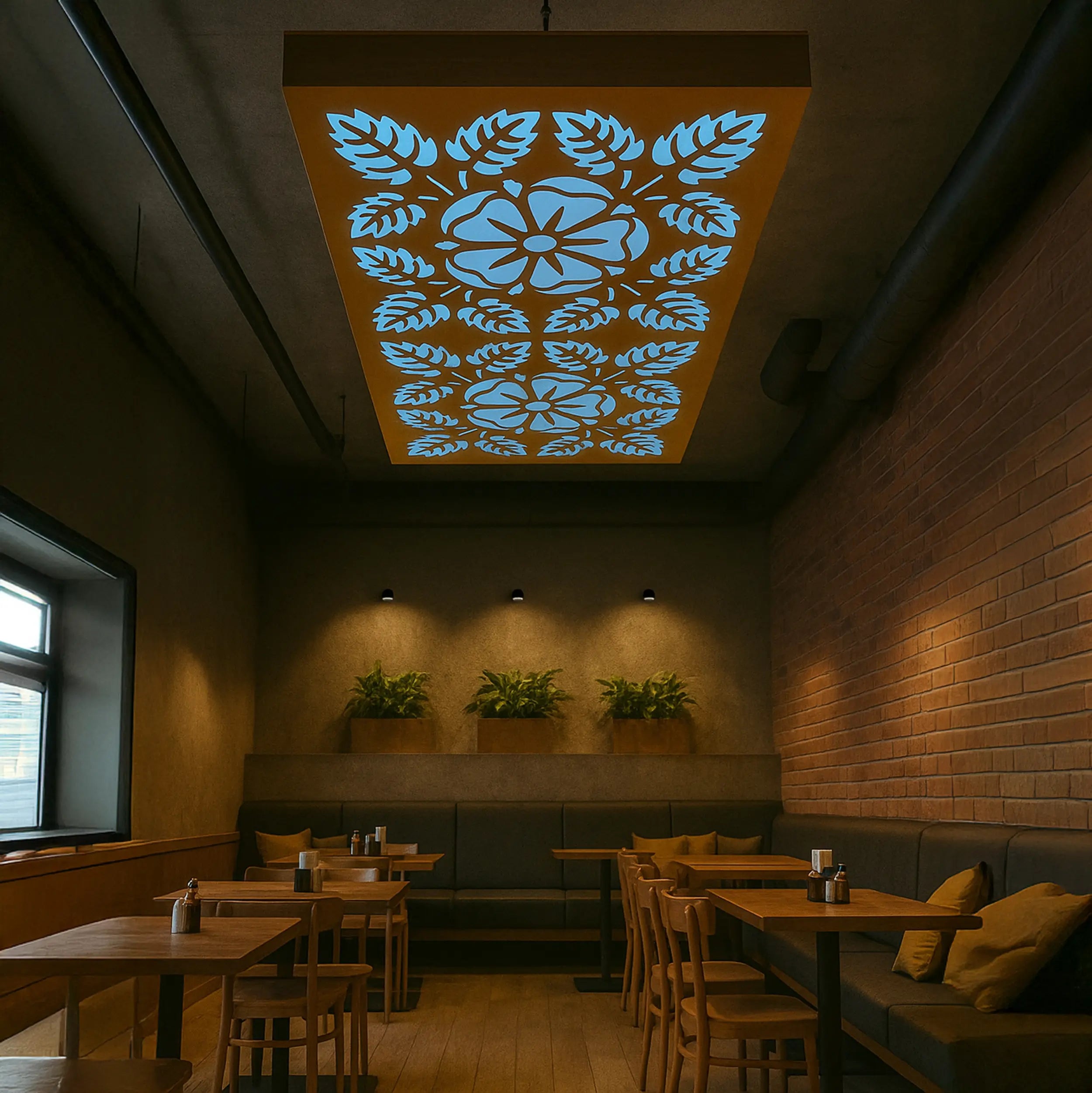 Dining area with tables, chairs, and a decorative ceiling light fixture.