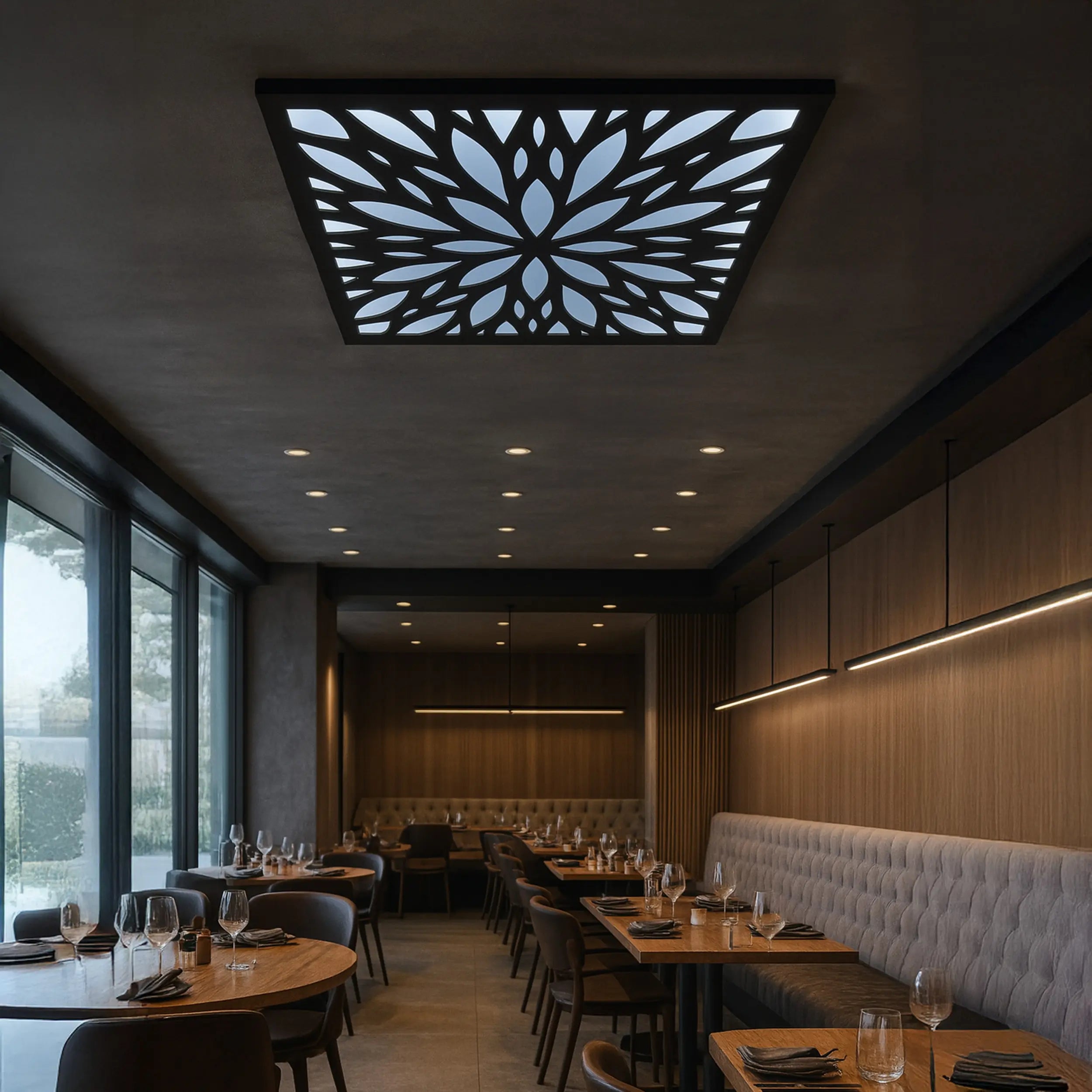 Modern restaurant interior with decorative ceiling light fixture