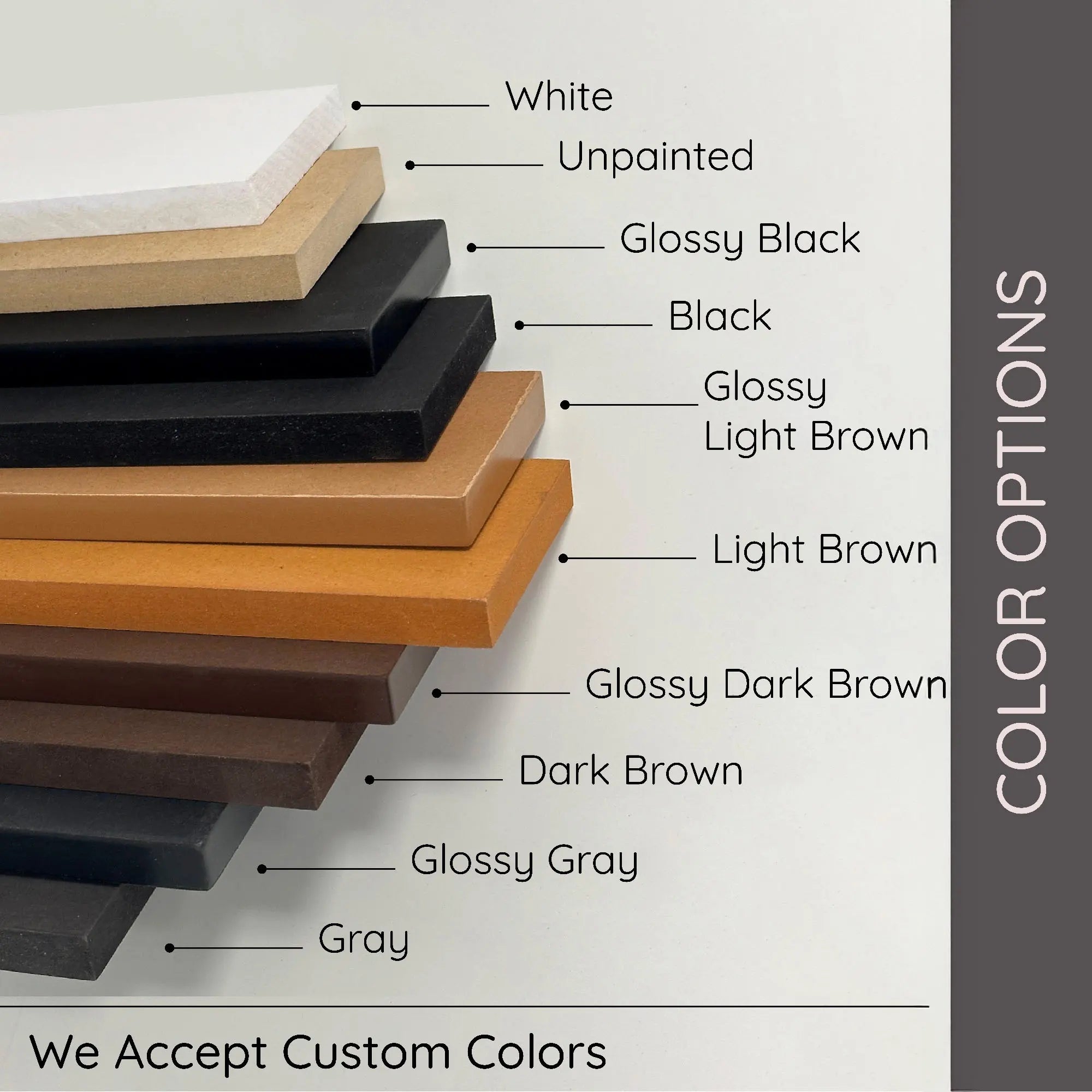 Stack of wooden panels in various colors with labels on a gray background