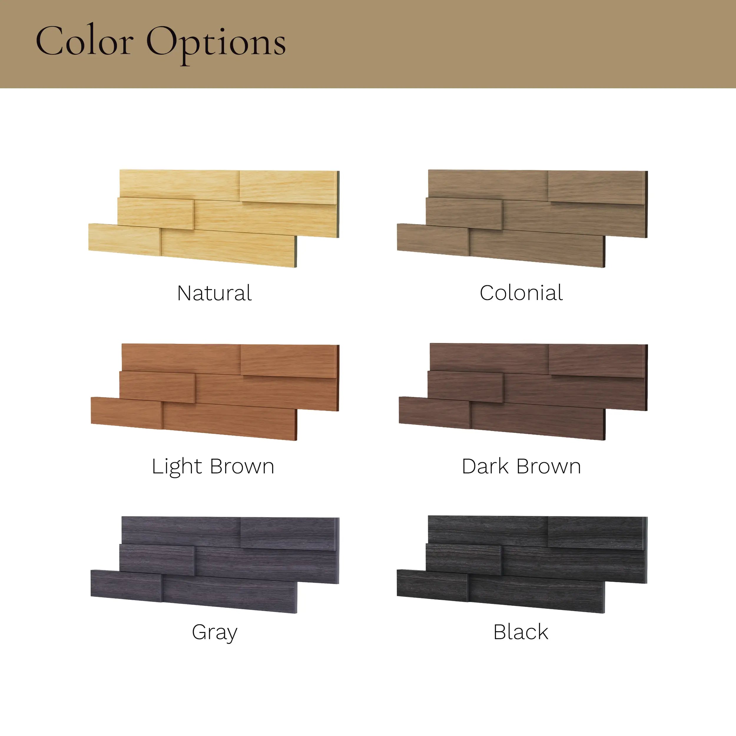 Color options for a wooden paneling system with labels for Natural, Colonial, Light Brown, Dark Brown, Gray, and Black.