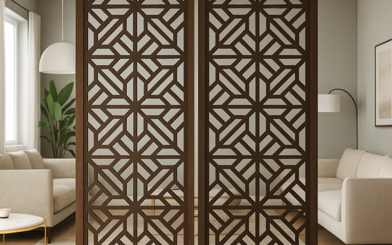 Decorative screen with geometric pattern in a living room setting