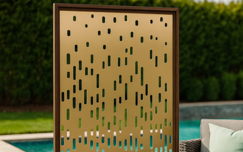 Decorative screen with geometric pattern in a garden setting