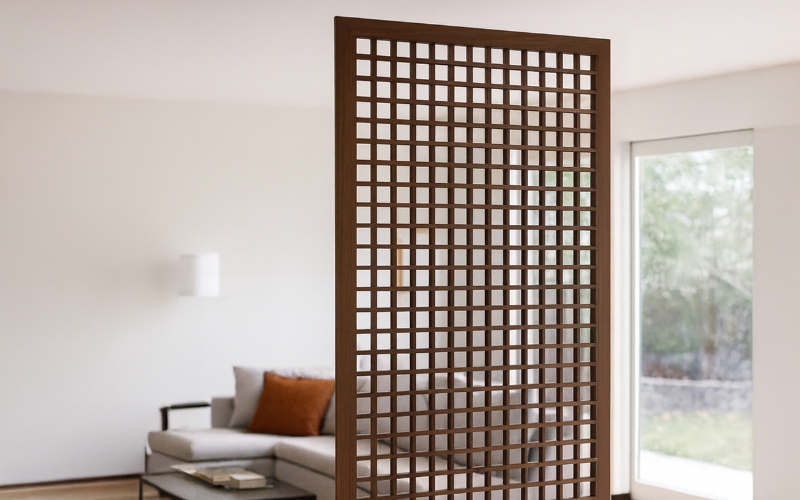 Wooden lattice room divider in a modern living room