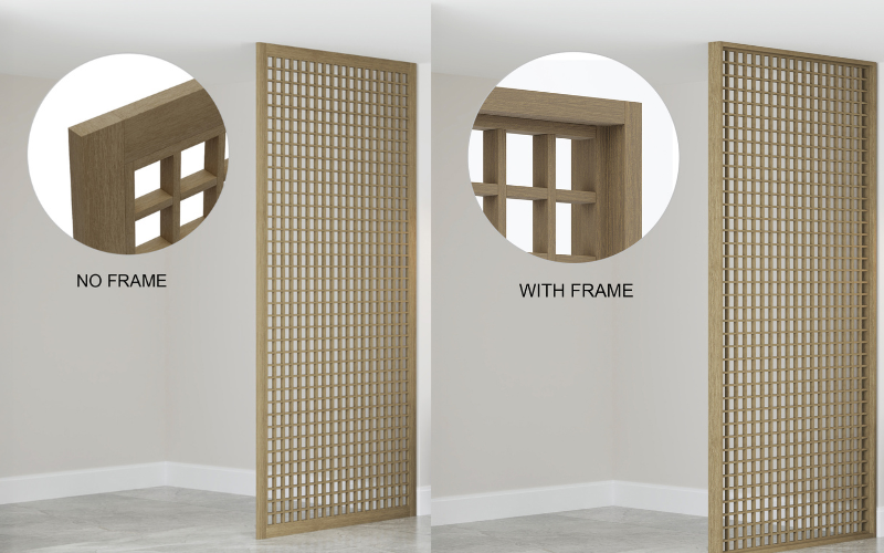 Wooden room divider with and without frame on a plain wall.