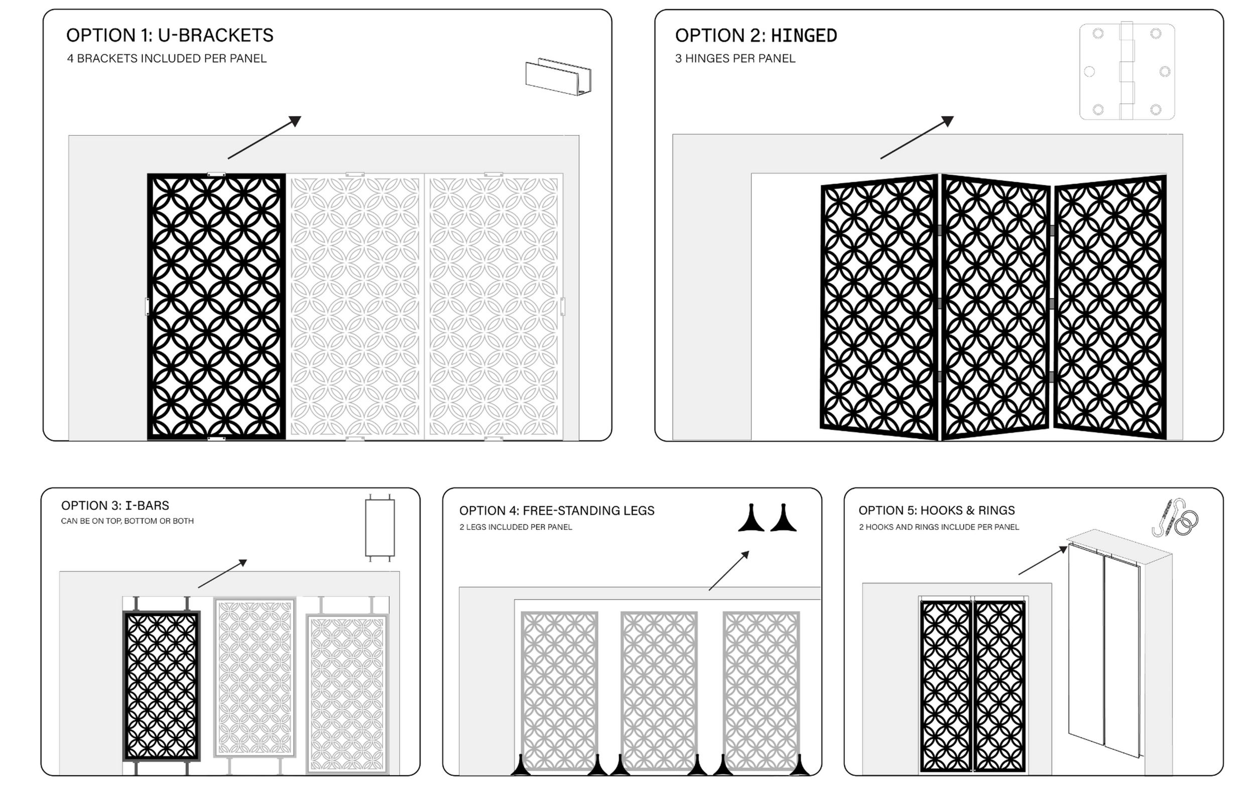 Diagram showing different assembly options for a decorative screen with brackets, hinges, and stands.
