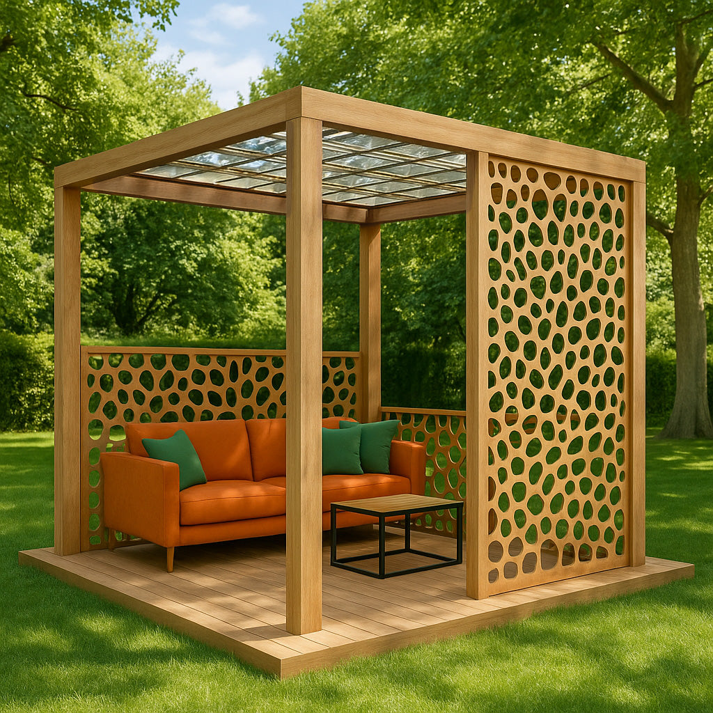 Modern pergola with CraftivaArt aluminum composite panels in nature, Pergola Screen, Pergola Panels, Pergola Idea, Pergola design, Wooden Pergola
