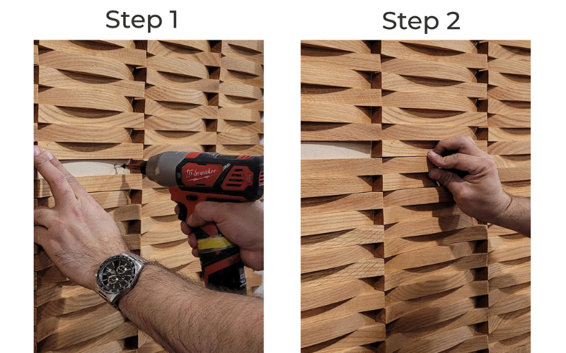 Step-by-step process of using a drill on a wooden surface.