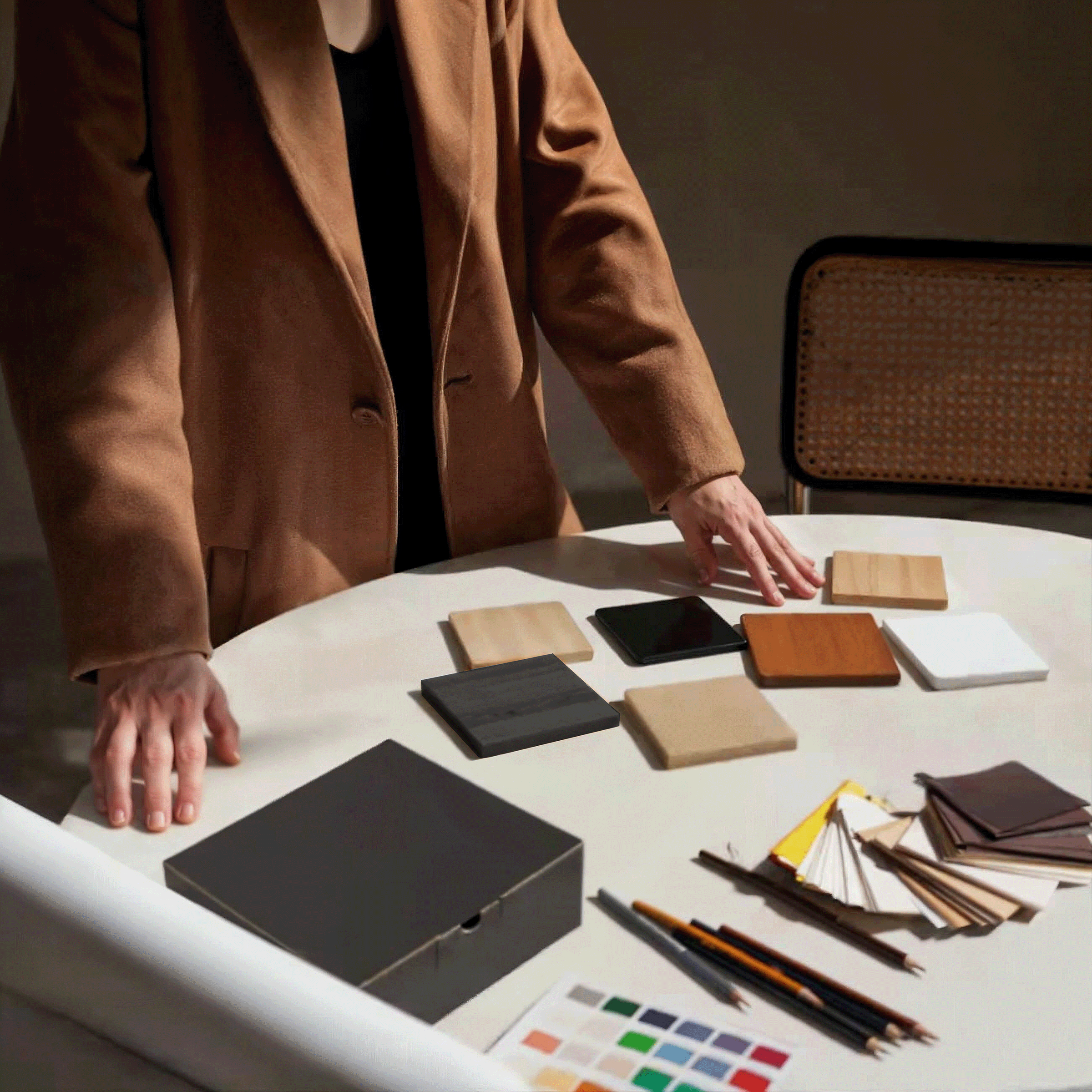 Person in a brown coat interacting with color swatches and art supplies on a table.