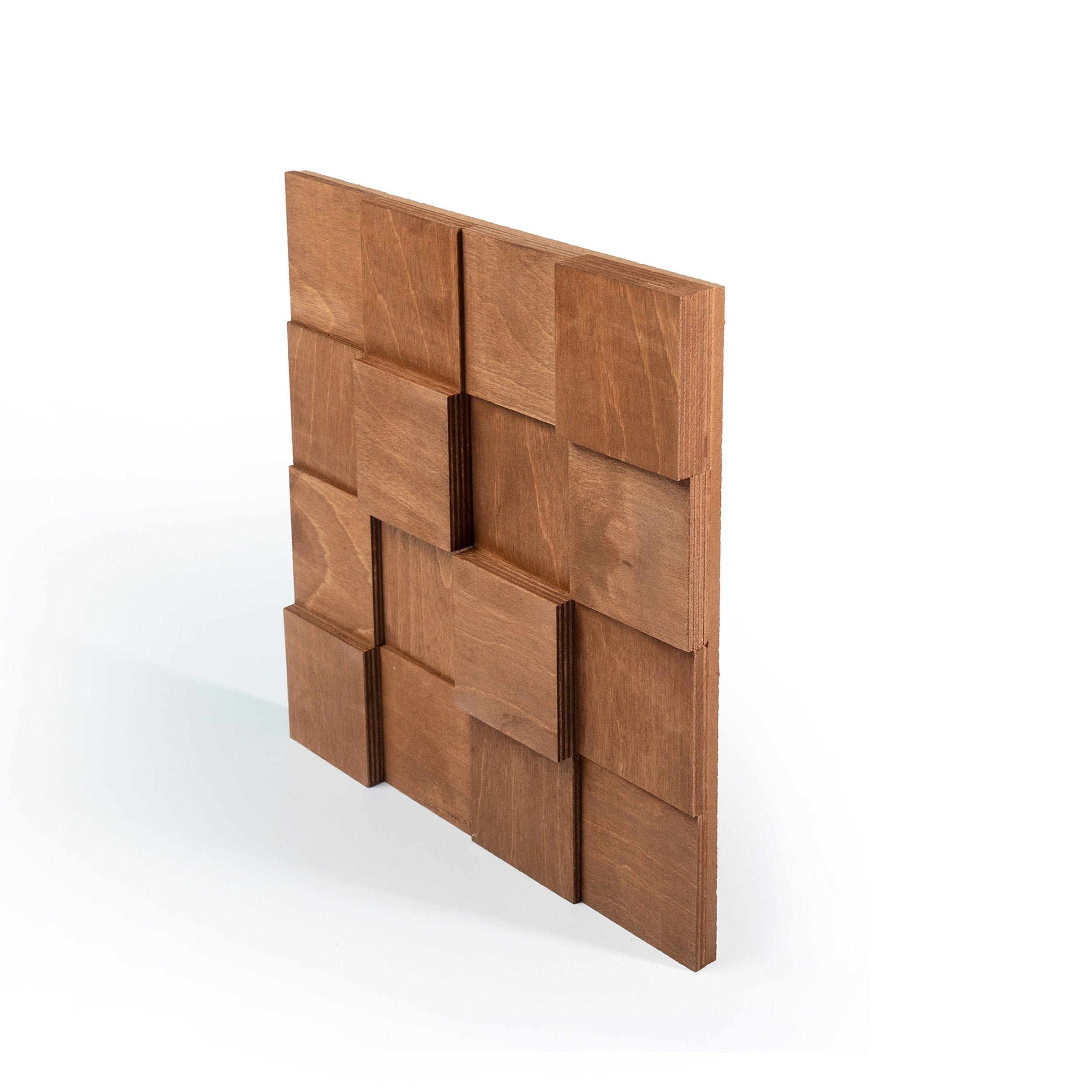 Wooden wall panel with square pieces on a white background