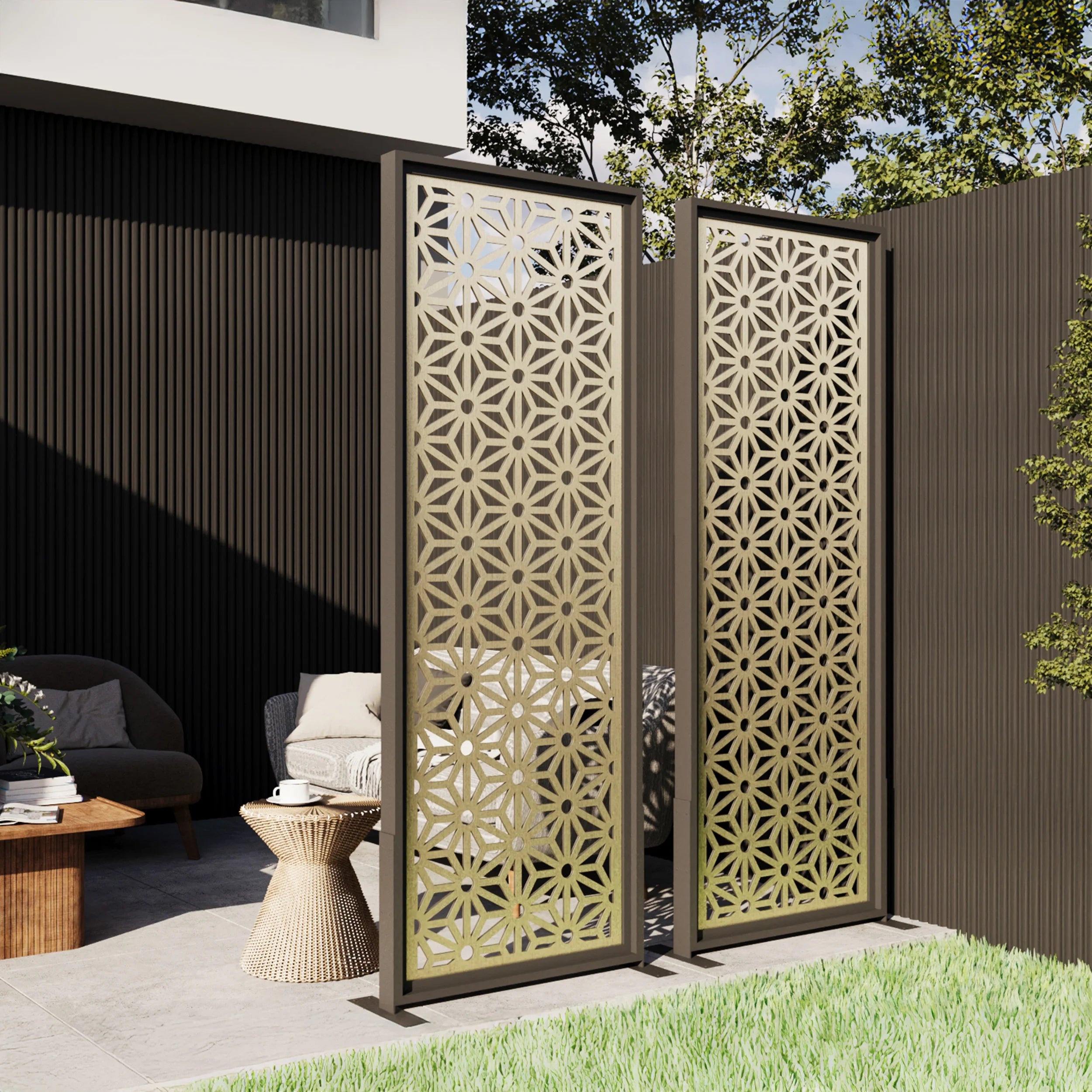 Decorative outdoor screen with geometric pattern in a garden setting