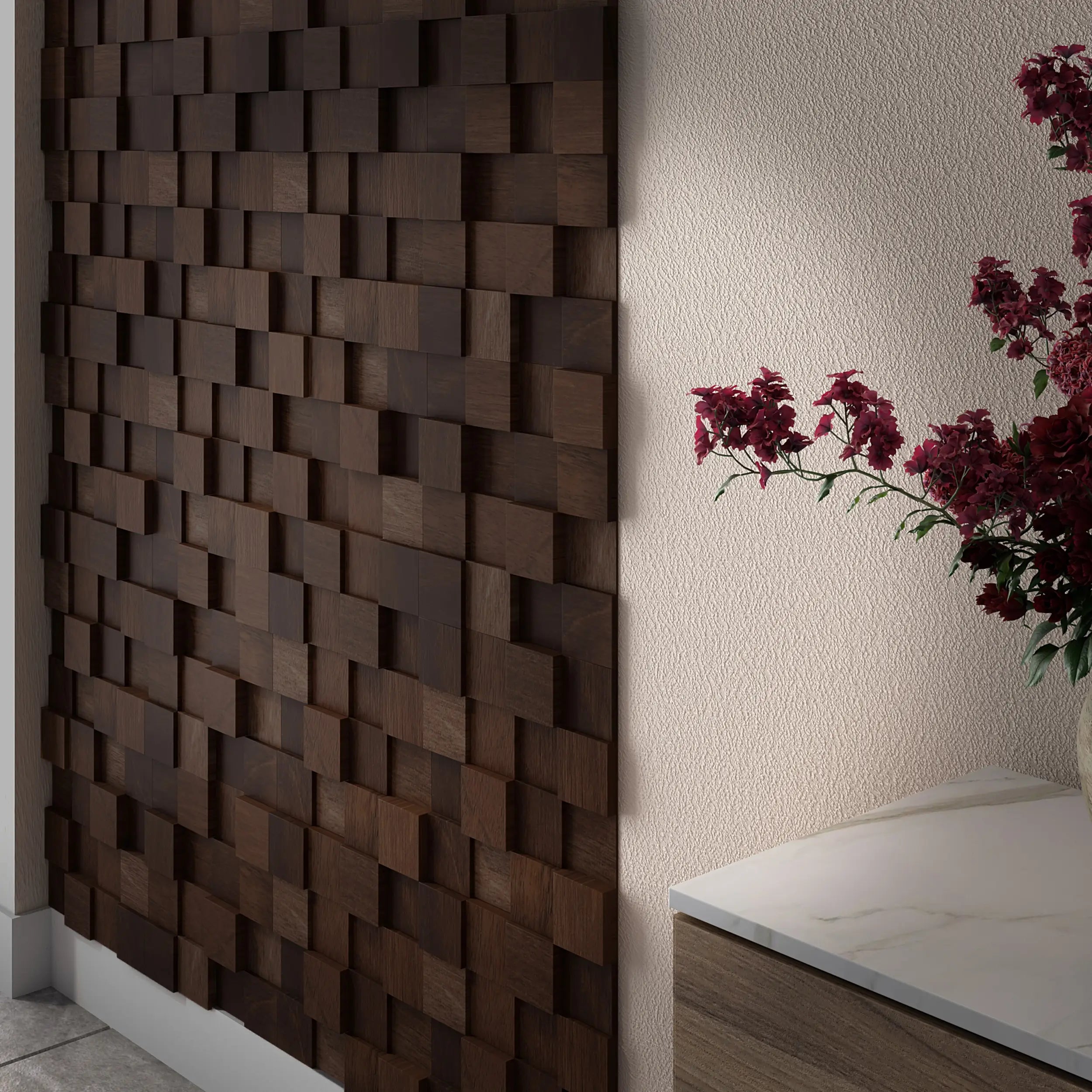 Wooden wall paneling with a textured pattern next to a white cabinet with flowers.