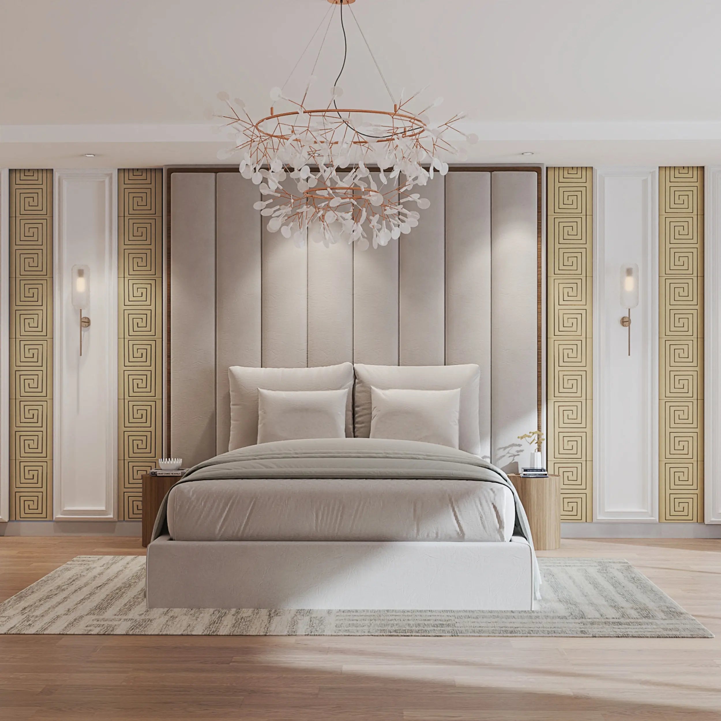 Modern bedroom with a chandelier, bed, and decorative wall patterns.