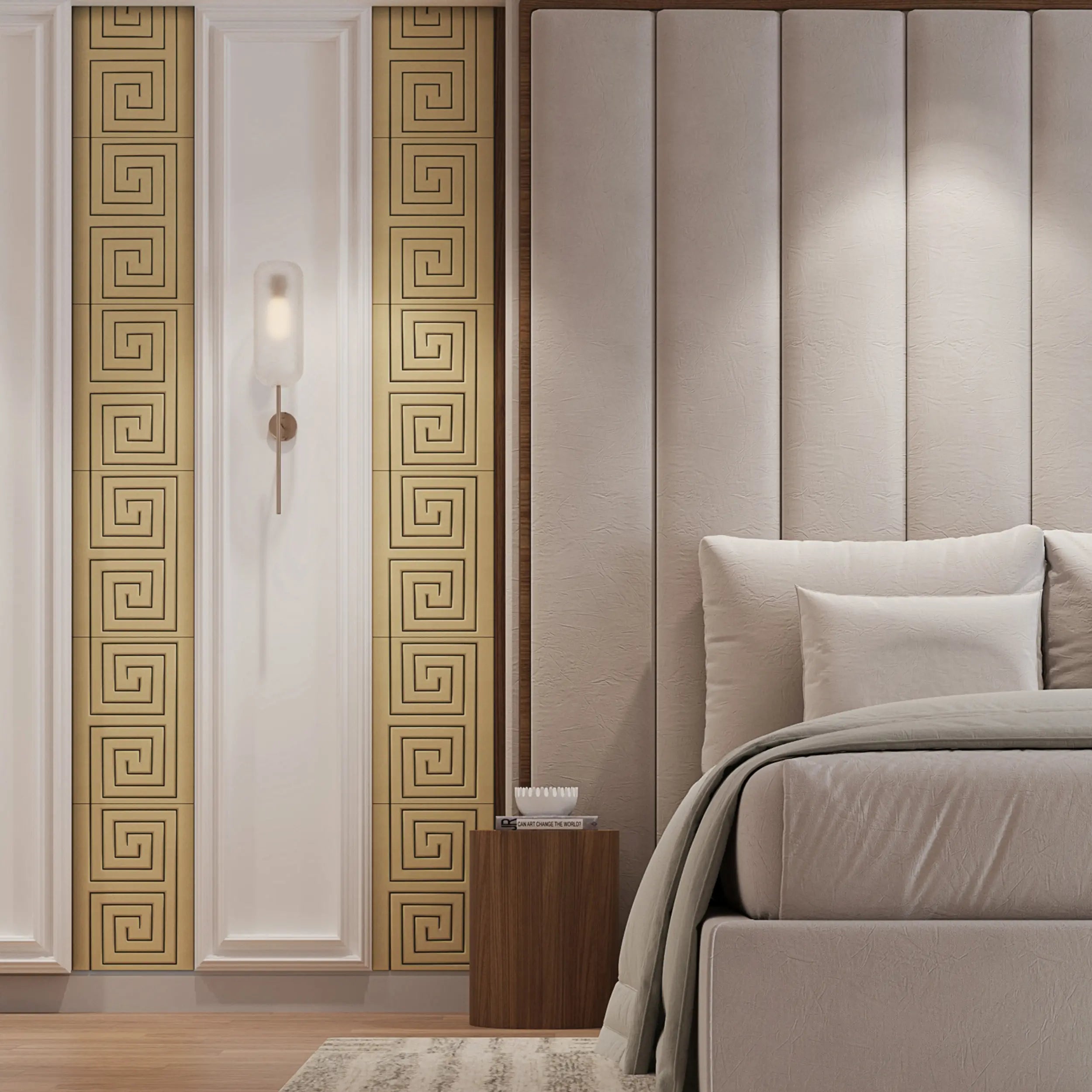 Modern bedroom with decorative wall patterns and a bed.