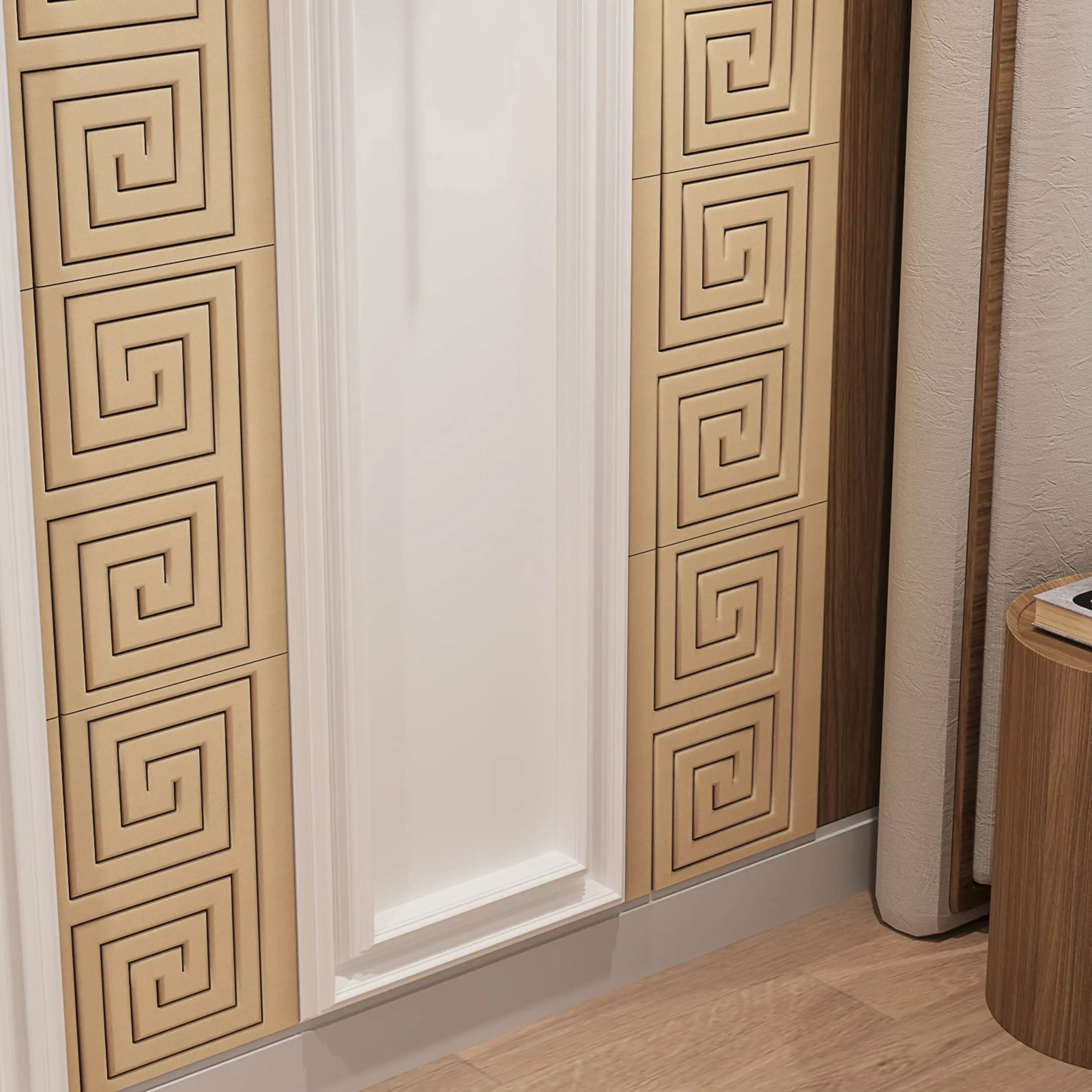 Wooden panel with decorative spiral pattern next to a white wall and wooden floor.