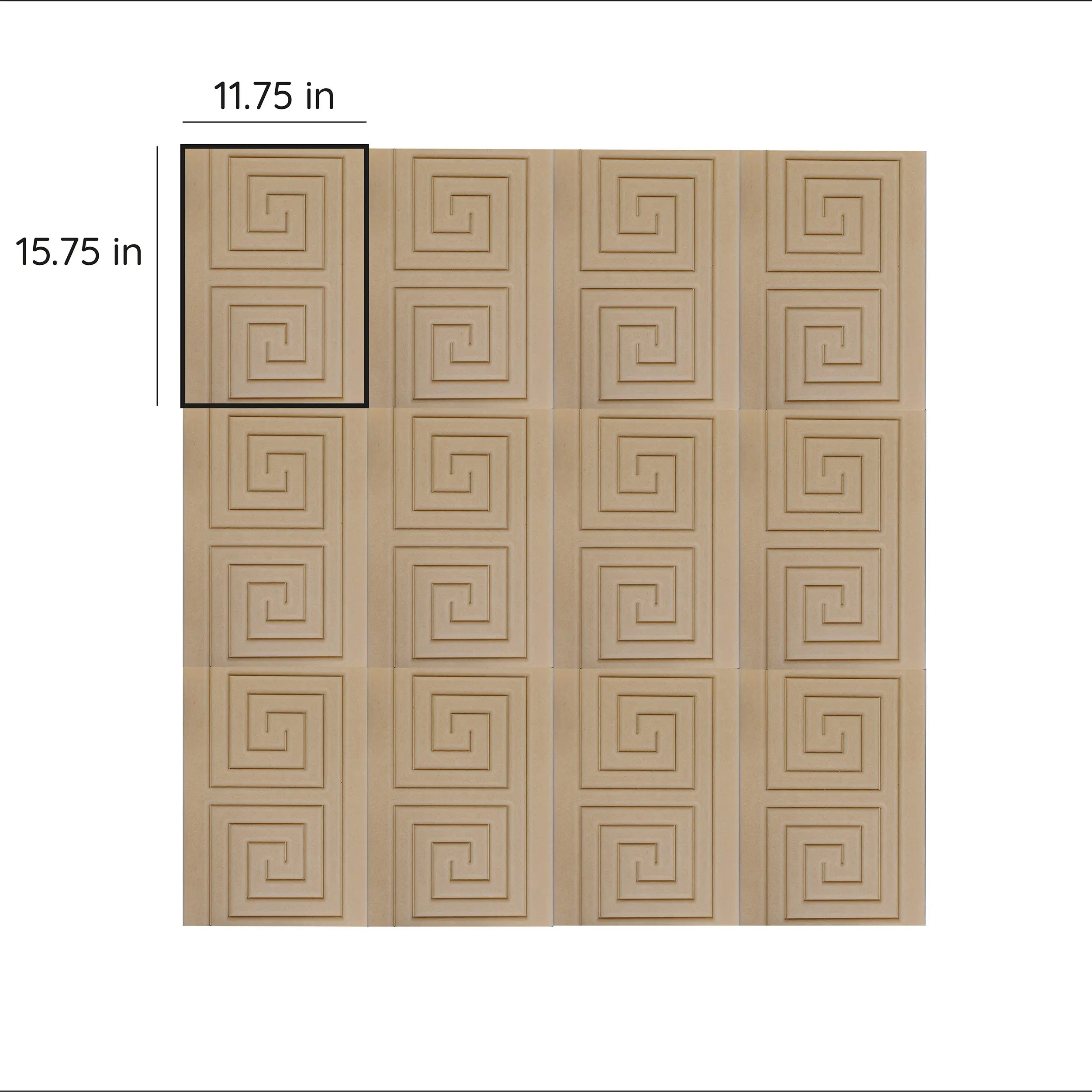 Wooden panel with Greek key pattern and measurements on a white background