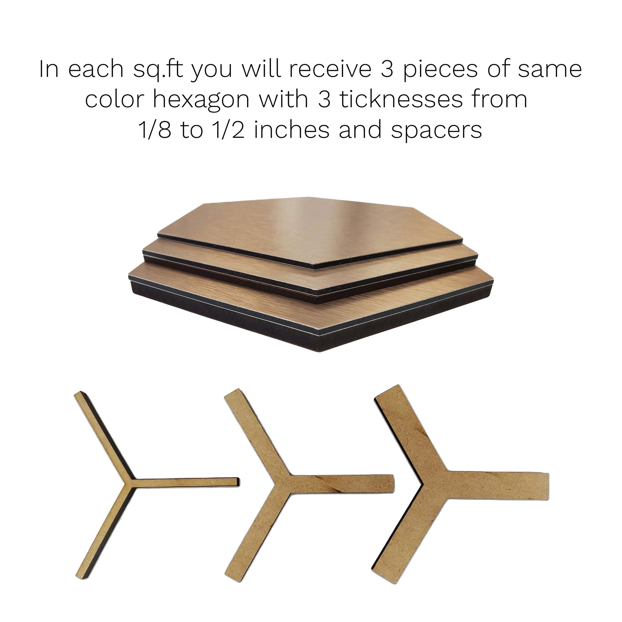 Hexagonal wooden tiles with different thicknesses and spacers on a white background