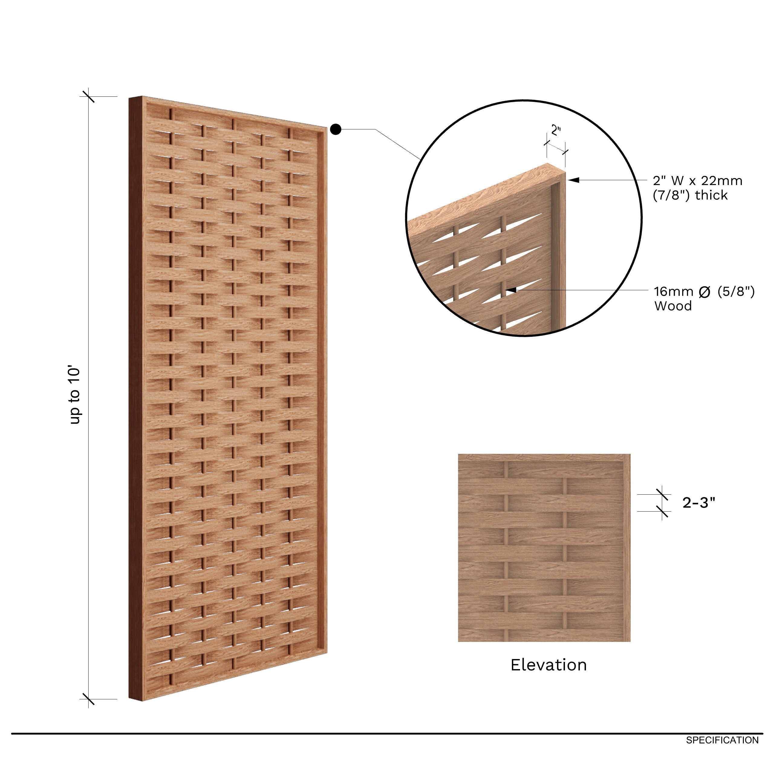 Specification diagram of a tall wooden lattice trellis panel, showing a side dimension of up to 10 feet, a circular close-up detail of the wood end and slats, and an elevation view on a white background.