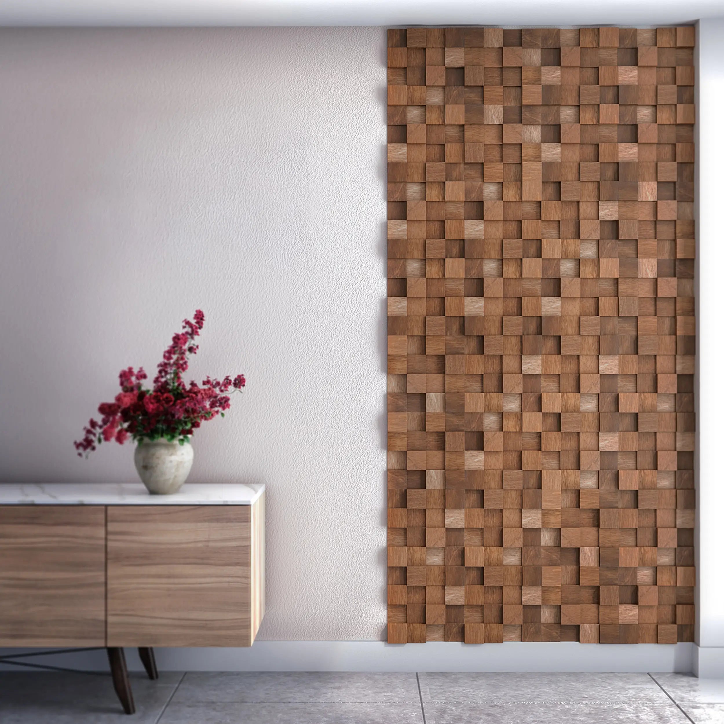 Wooden wall panel with a vase of flowers on a sideboard against a white wall.