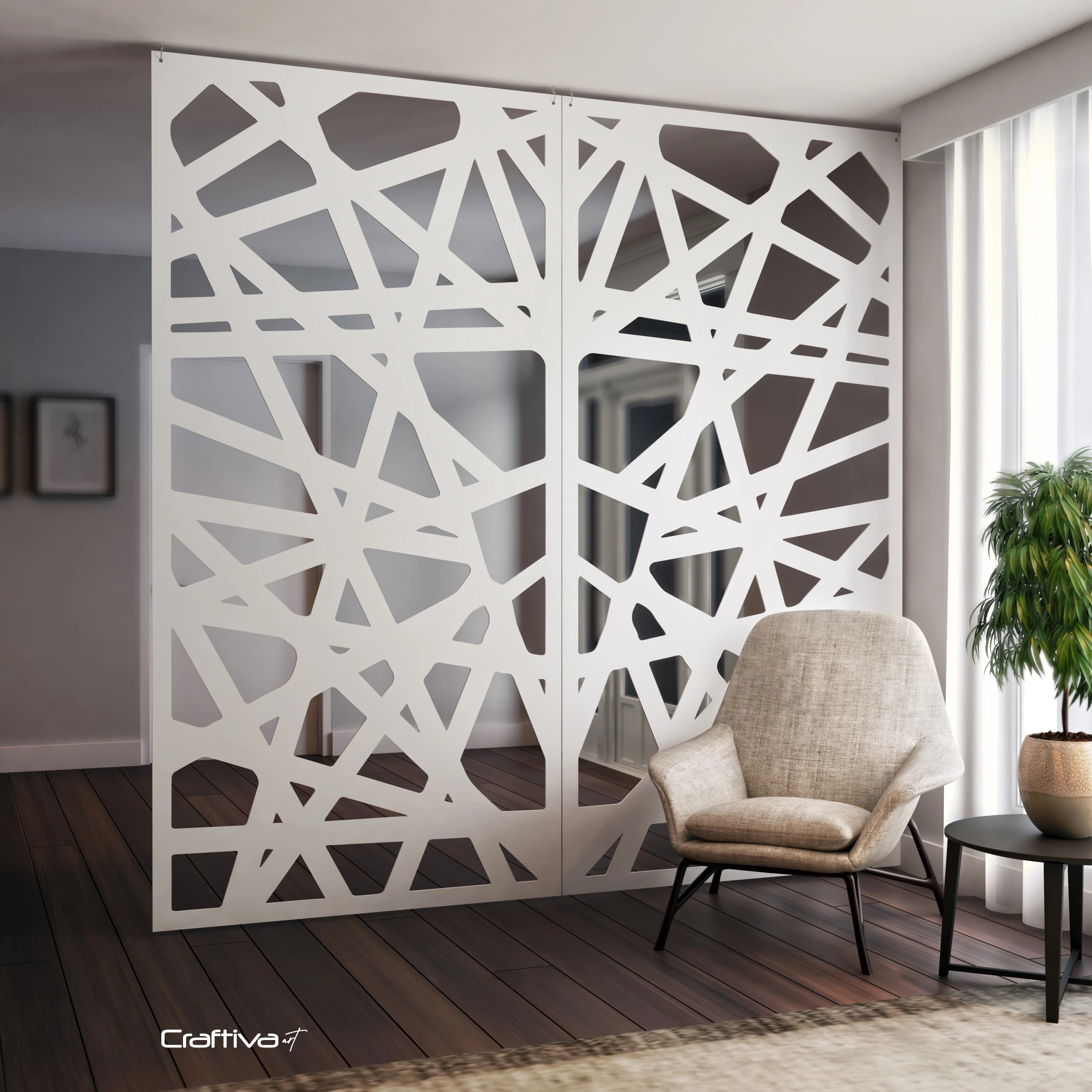 Modern room divider with geometric design in a living room setting