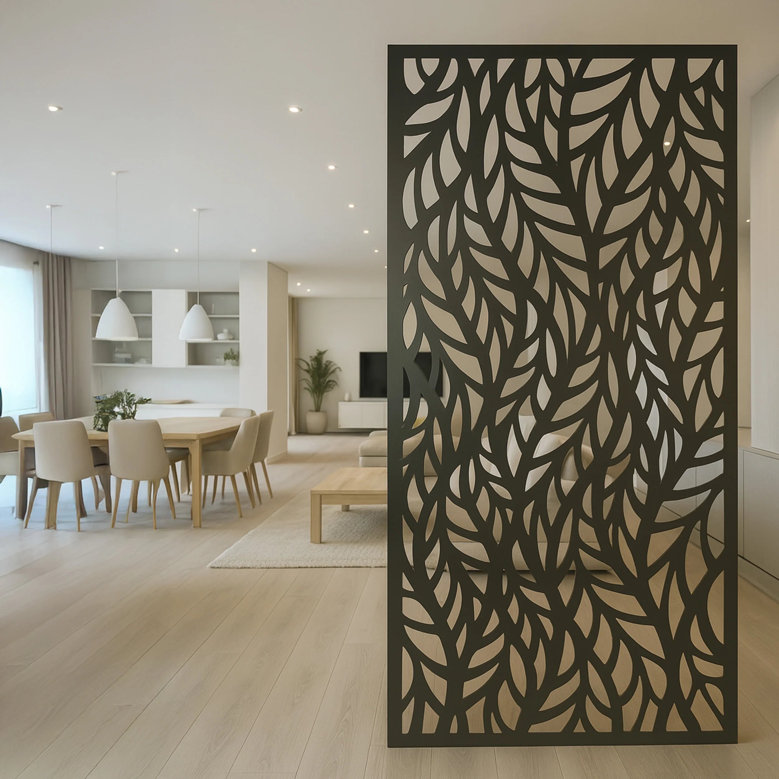 Decorative screen with leaf pattern in a modern living room