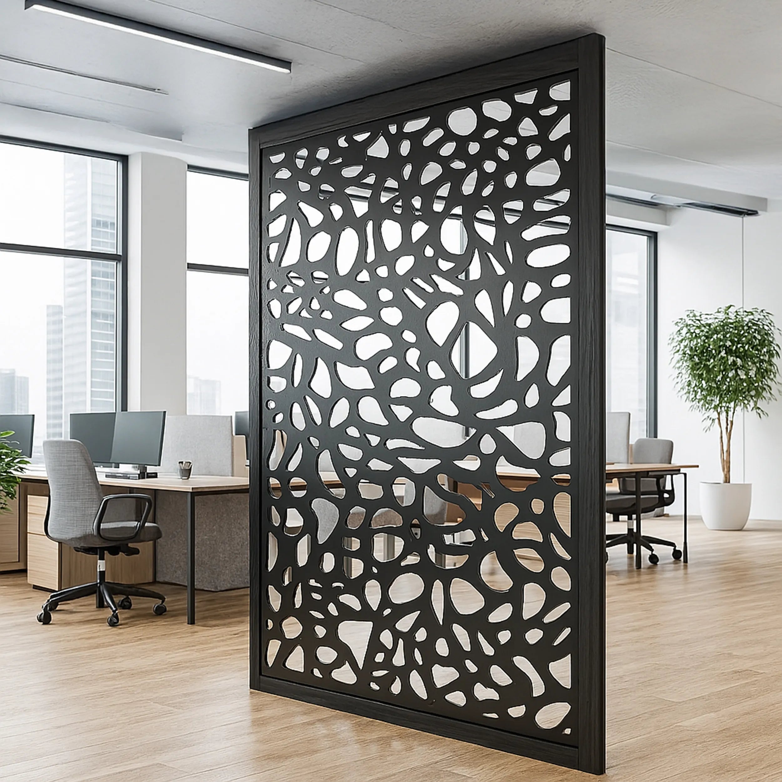 Decorative screen in an office setting with desks and chairs.