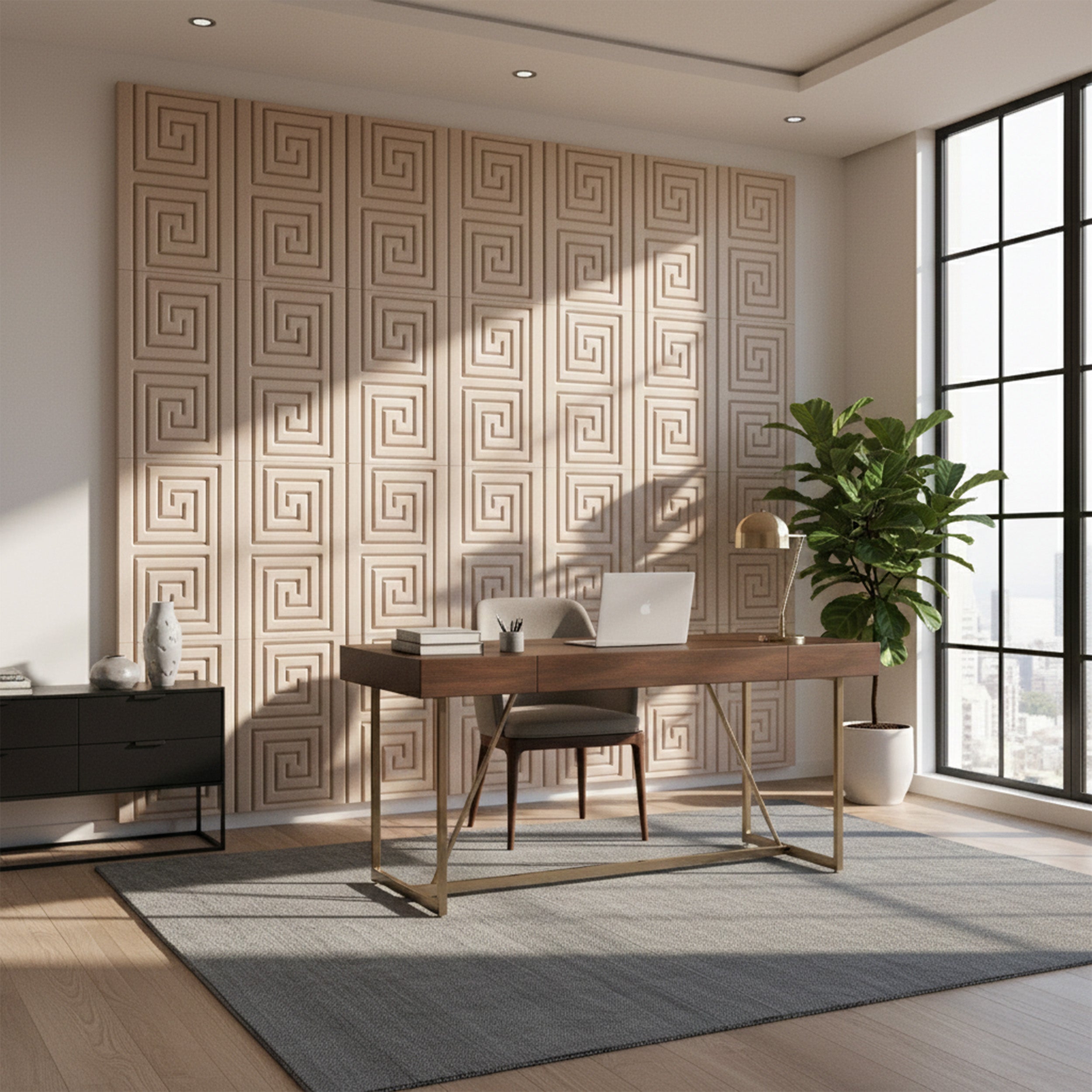 Modern office space with a wooden desk, chair, and decorative wall patterns.