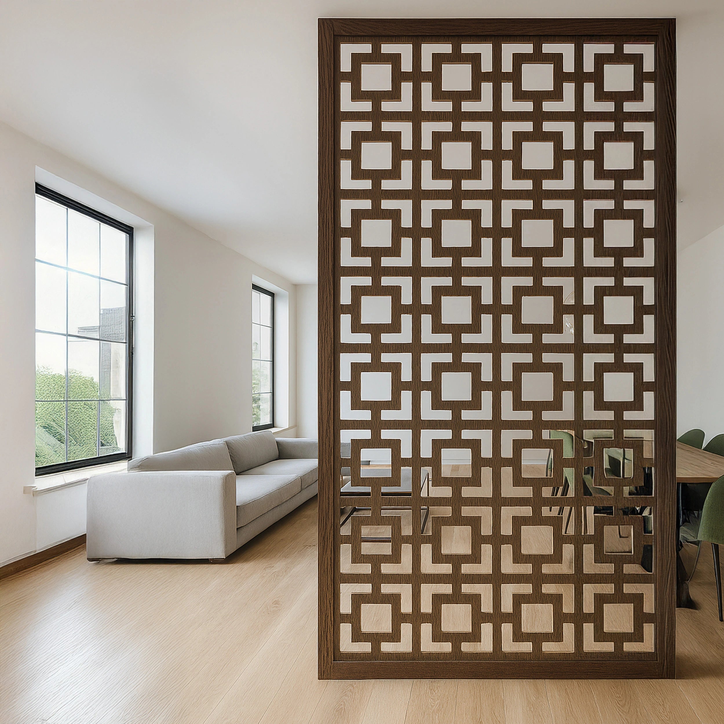 Decorative screen with geometric pattern in a modern living room.