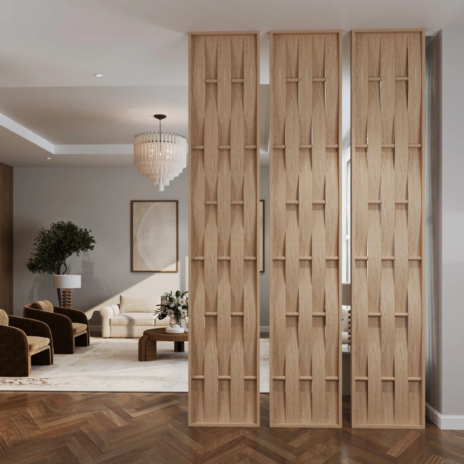 Three tall, light oak wood folding screen panels with a geometric lattice pattern, shown in a modern, stylishly decorated living room.