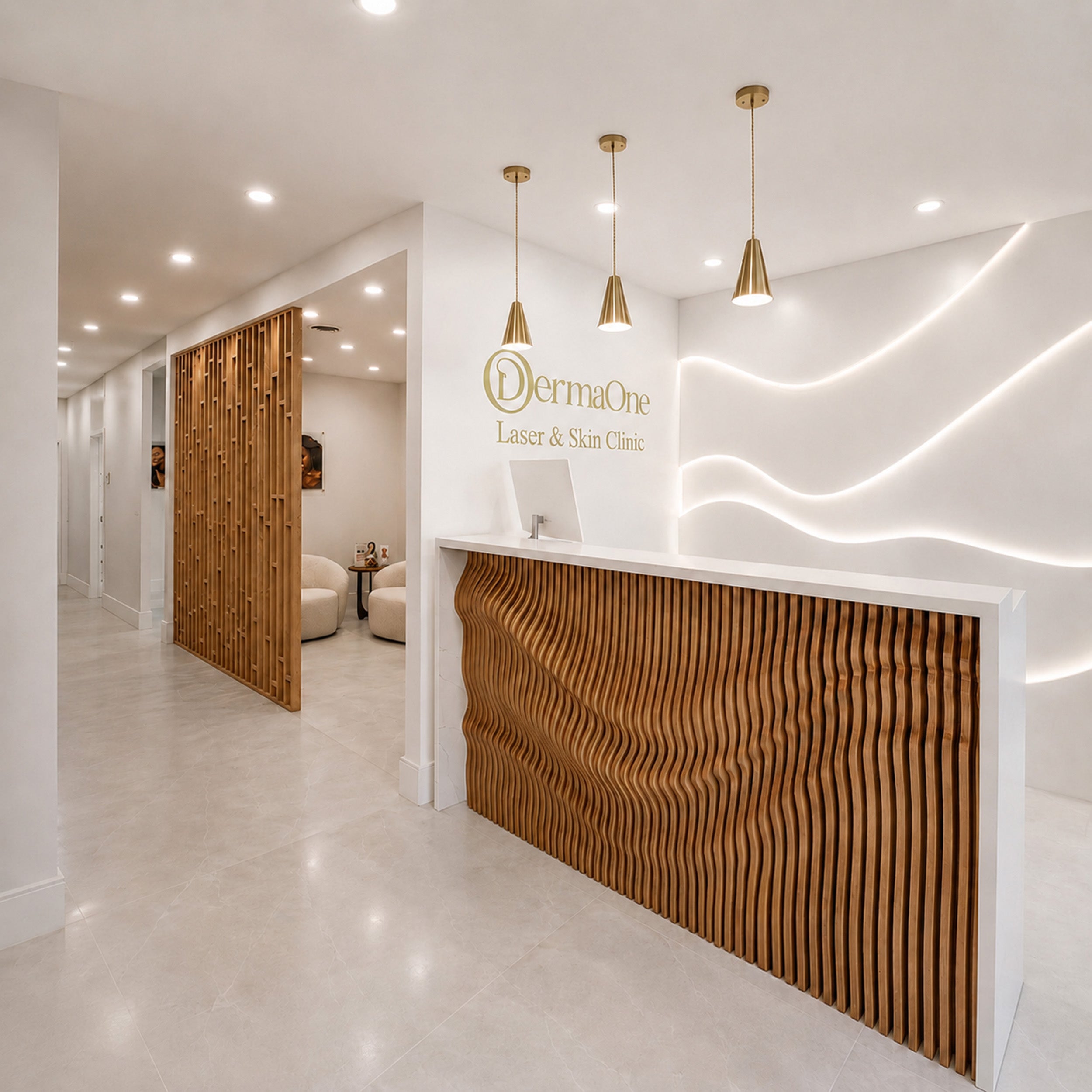 Modern reception desk in a bright laser and skin clinic, featuring a wavy slatted wood front, white walls with integrated LED lighting, and the DermaOne Laser & Skin Clinic logo on the wall.