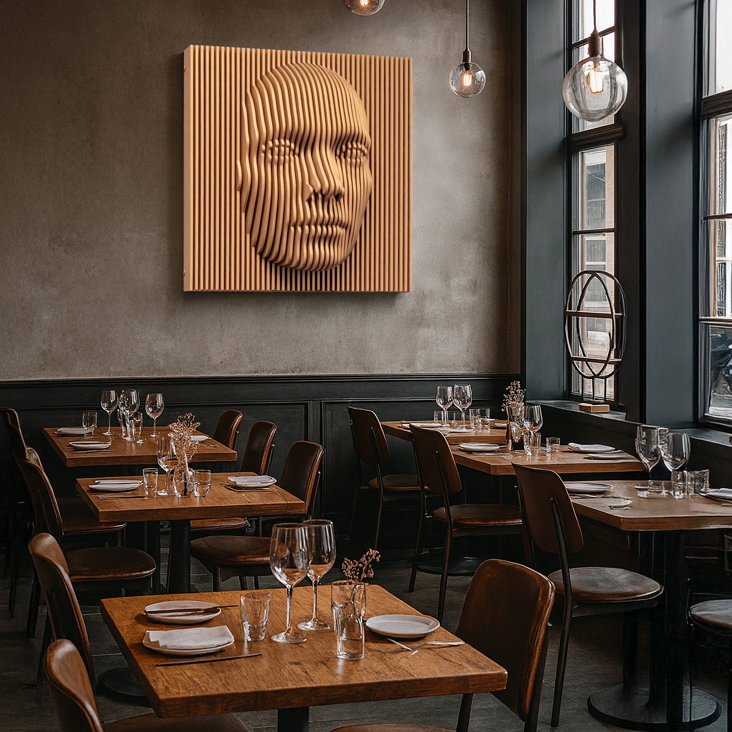 Dining area with wooden tables, chairs, and a textured wall art piece.