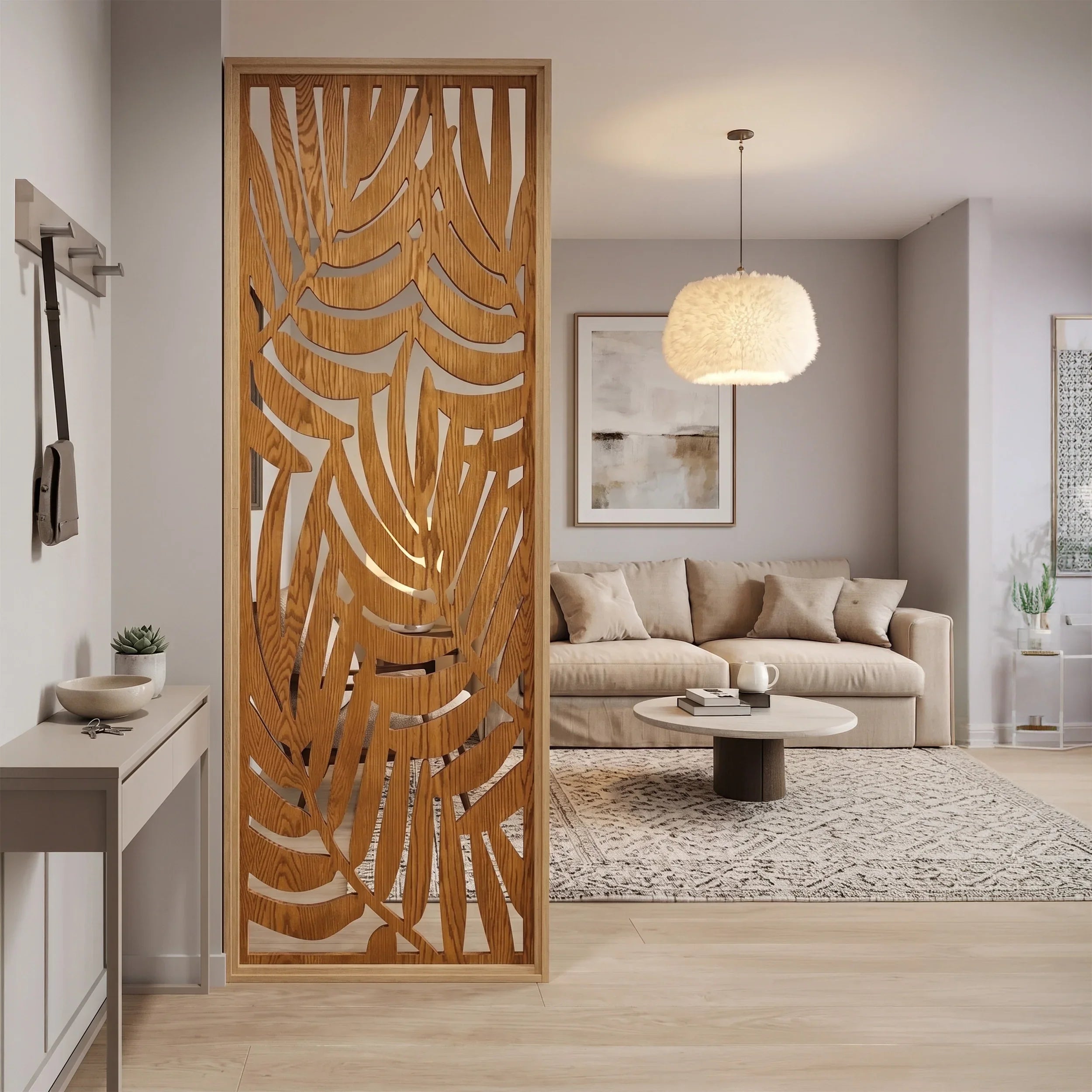 A tall wooden decorative screen panel with a leaf cutout pattern, shown in a modern living room setting.