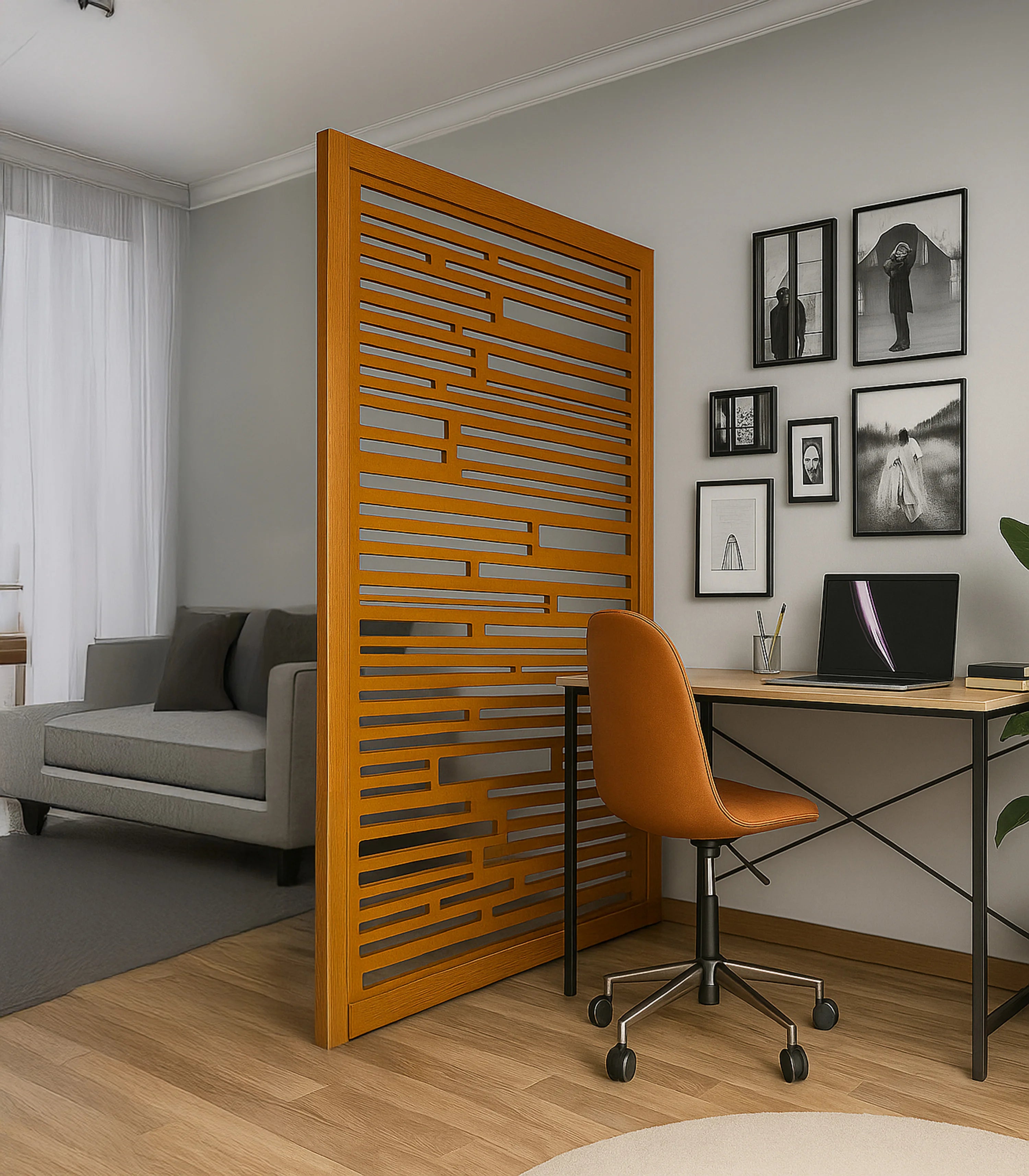 Room divider with geometric design in a home office setting