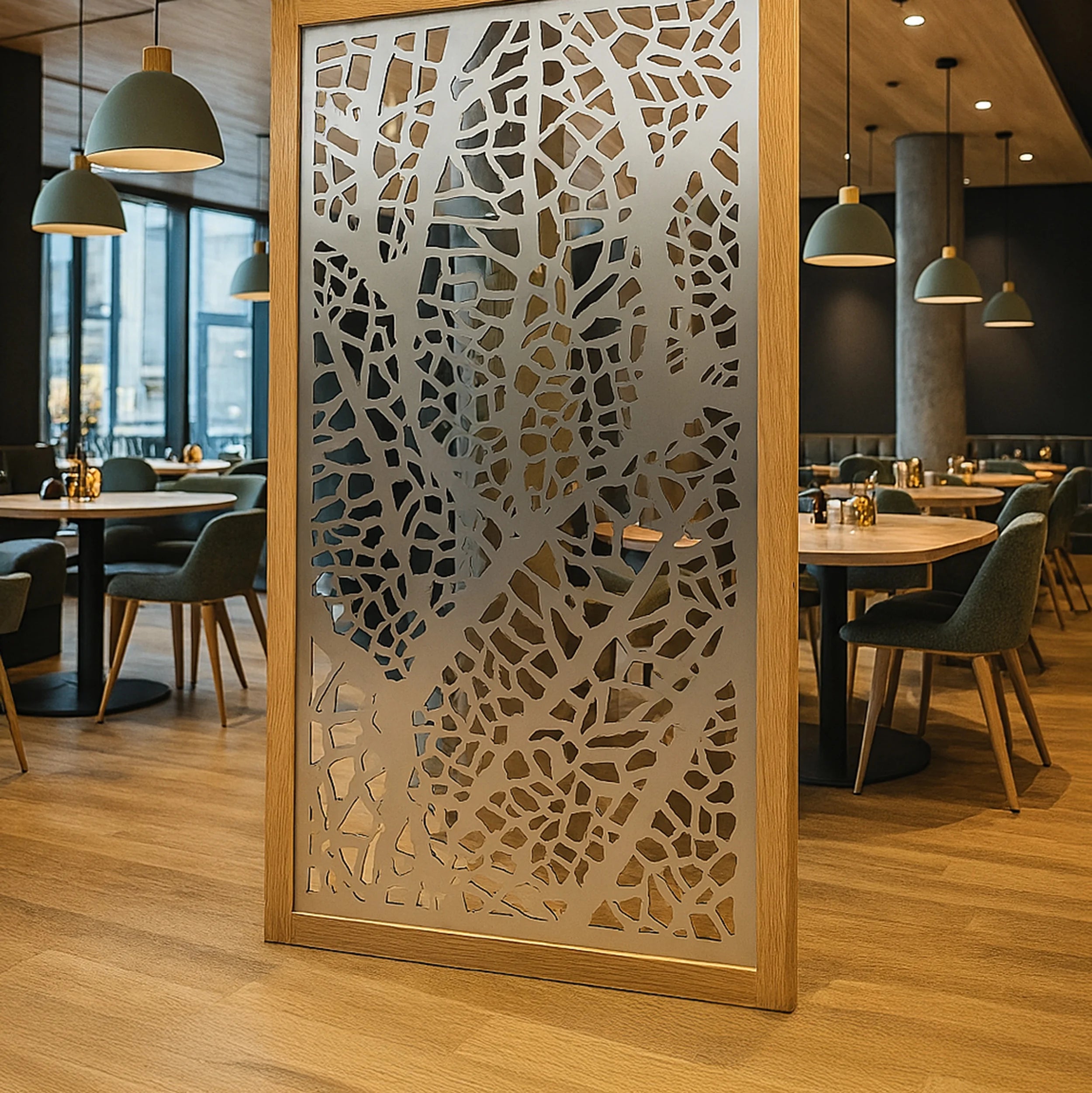 Decorative screen with intricate cut-out design in a modern restaurant setting