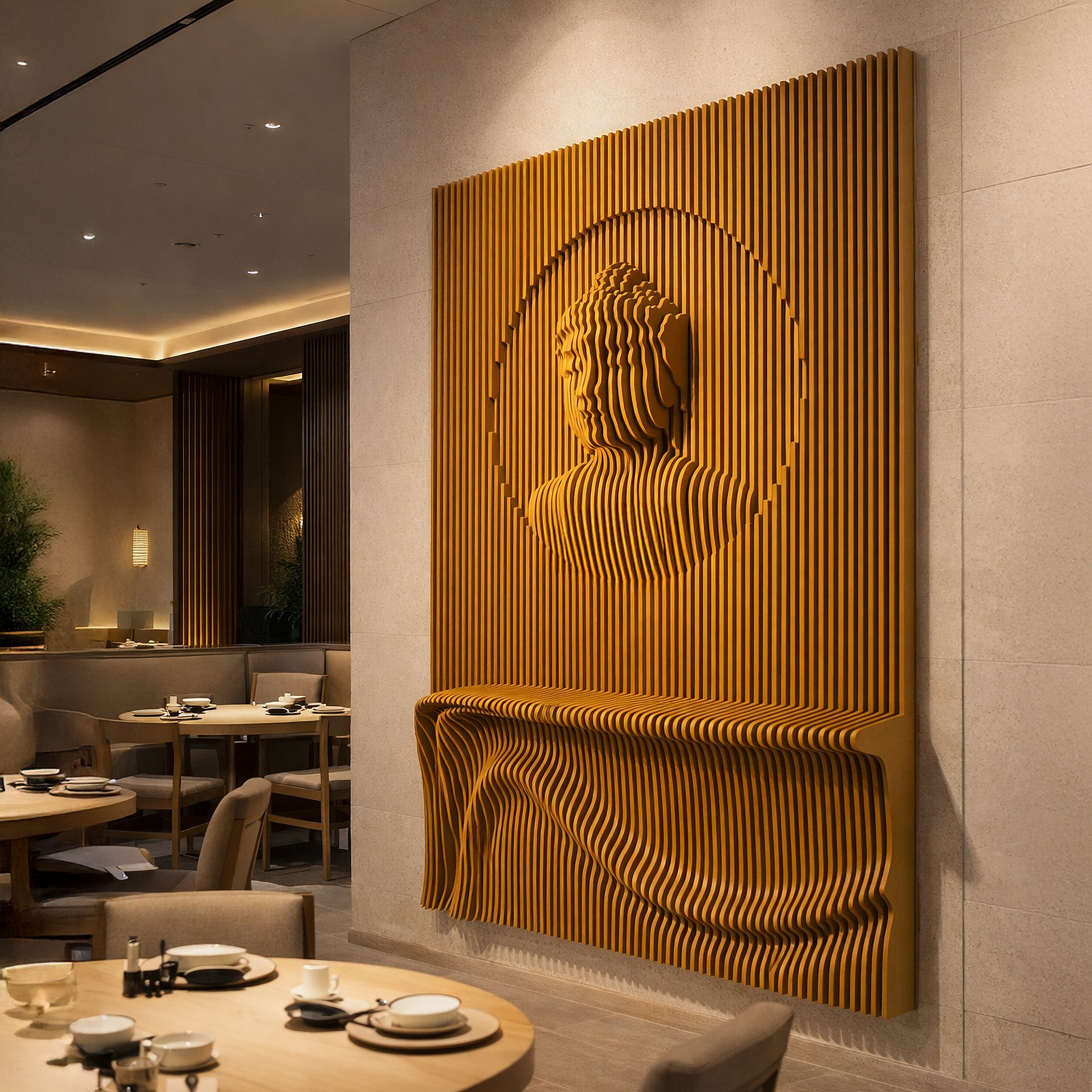 Decorative wall art with a stylized face on a textured background in a restaurant setting.