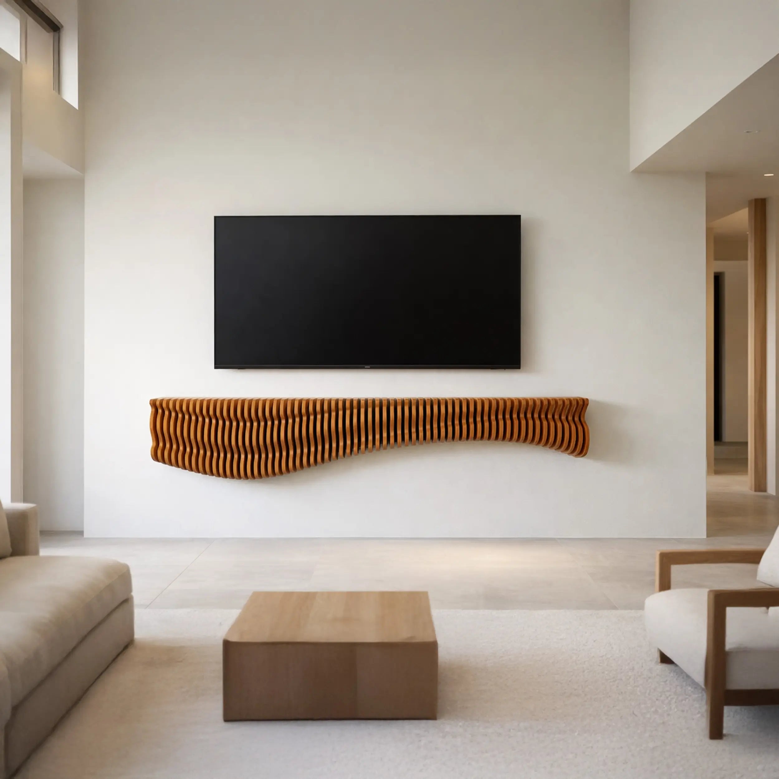 Modern living room with a television mounted on the wall above a decorative wooden shelf.