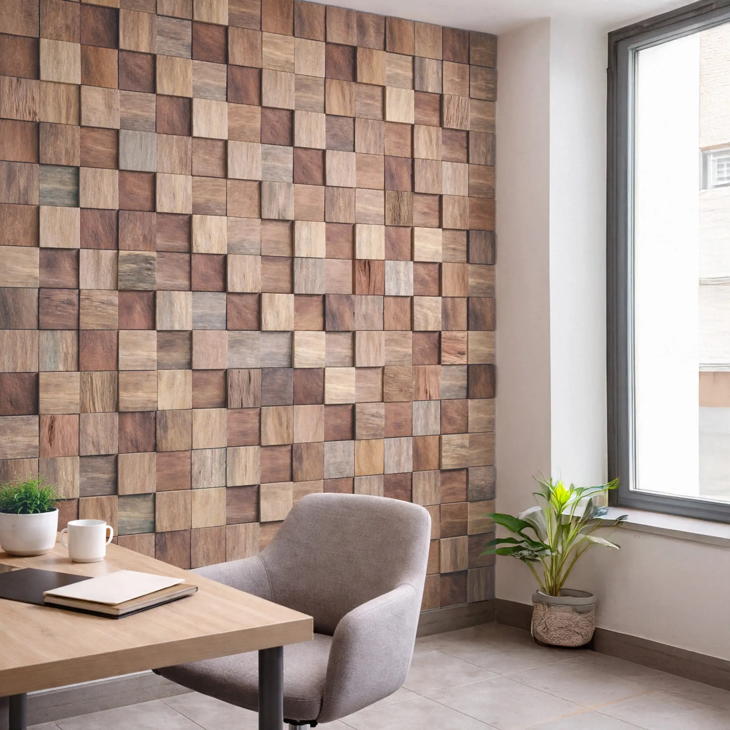 Modern office space with a wooden wall paneling, desk, and chair.